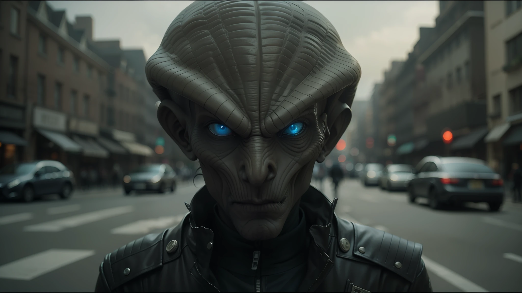 alien looking man in a leather jacket on a city street, vfx film, romain jouandeau, the orville, rpg portrait, inspired by Théodore Chassériau, awarded on cgsociety, snake-face female guard, by René Auberjonois, metabaron --auto --s2