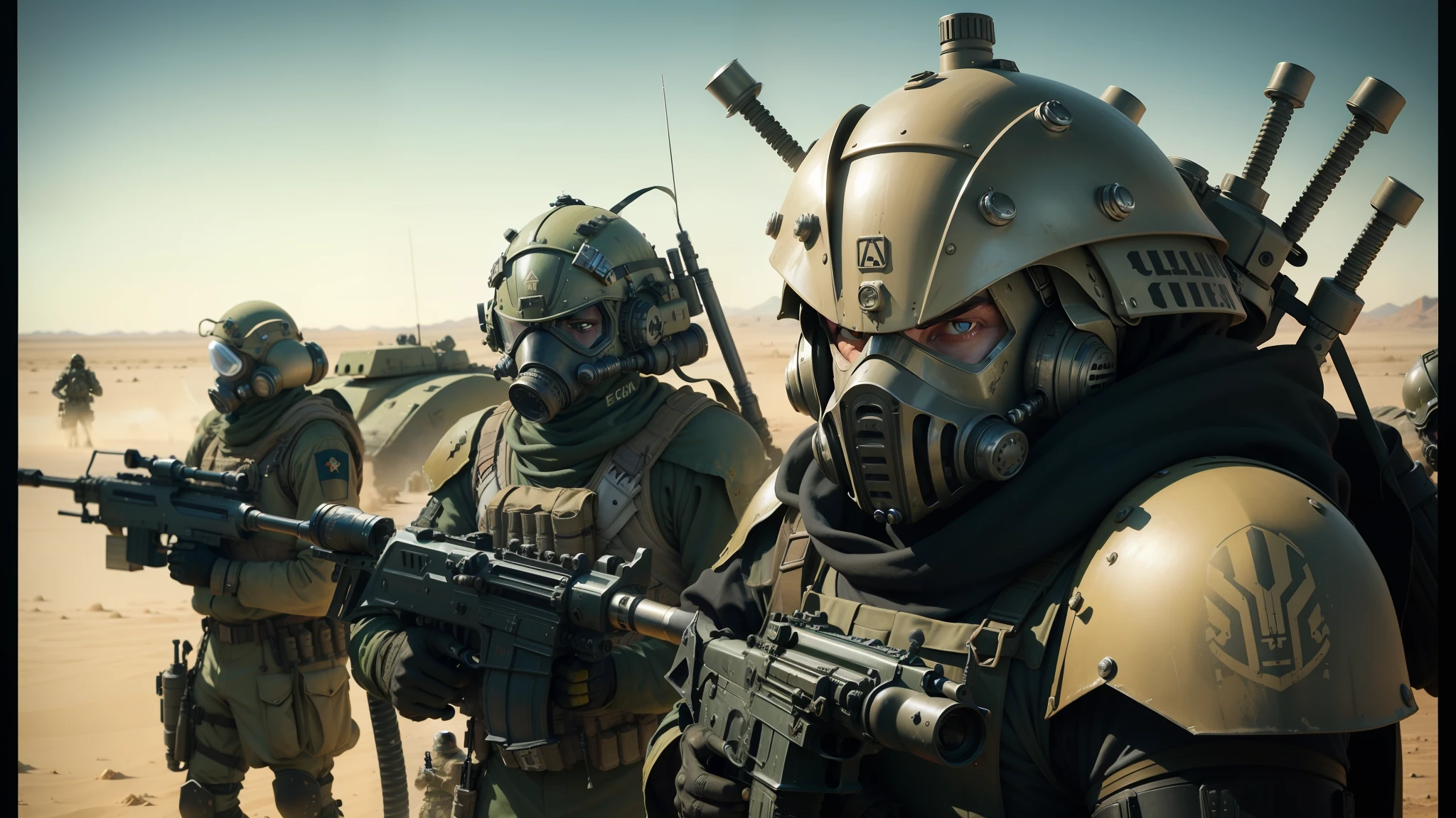 arafed soldiers in gas masks and helmets with weapons in a desert, from a 2 0 1 9 sci fi 8 k movie, wētā fx, steelpunk, ron perlman, by Michael Komarck, weta studio, rows of razor sharp teeth, kit bash, starring geena davis, moloch, by Viktor Madarász --auto --s2