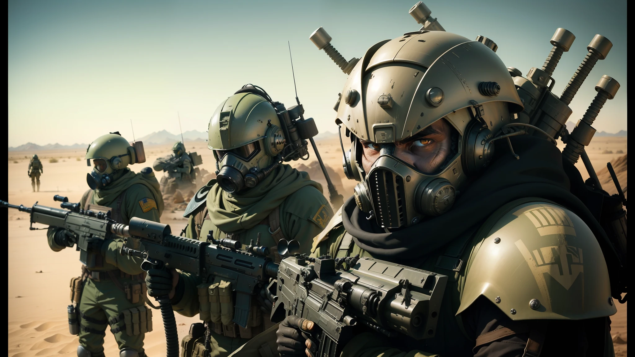 arafed soldiers in gas masks and helmets with weapons in a desert, from a 2 0 1 9 sci fi 8 k movie, wētā fx, steelpunk, ron perlman, by Michael Komarck, weta studio, rows of razor sharp teeth, kit bash, starring geena davis, moloch, by Viktor Madarász --auto --s2