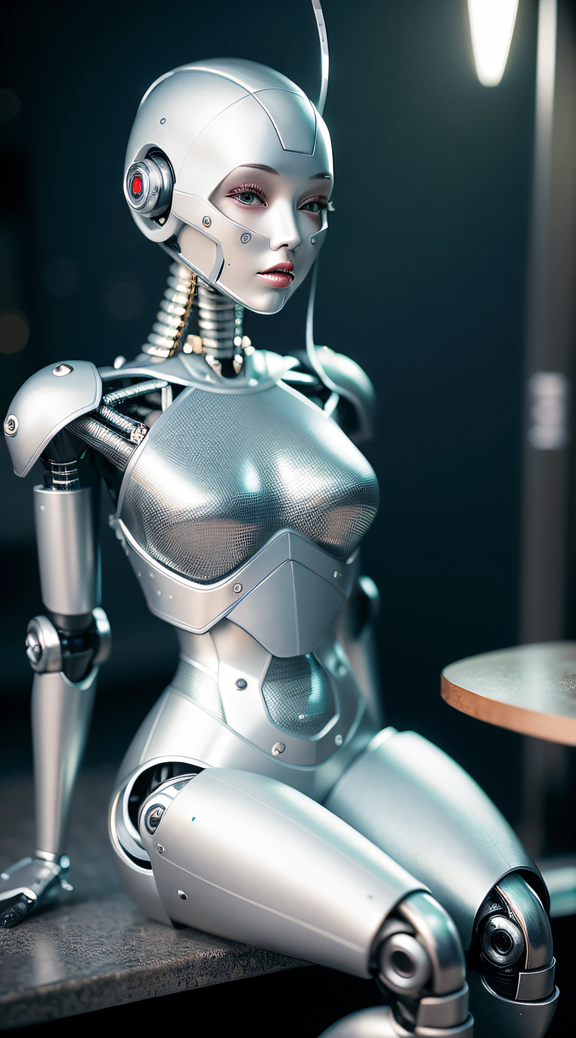 Complex 3d rendering, highly detailed beauty, female robot face, ceramic silhouette, robot, robot parts, 150 mm, studio soft light, edge light, vibrant details, cyberpunk, lace, surrealism, anatomy, facial muscles, cables, microchip, elegant, beautiful background, octane rendering, hr giger style, 8k, best quality, masterpiece, illustration, very refined and beautiful, very detailed, CG, uniform, wallpaper, (fidelity, fidelity: 1.37), stunning, fine details, masterpiece, best quality, official art, absurdismism, incredible absurdity, robot, silver armor, full body, sitting