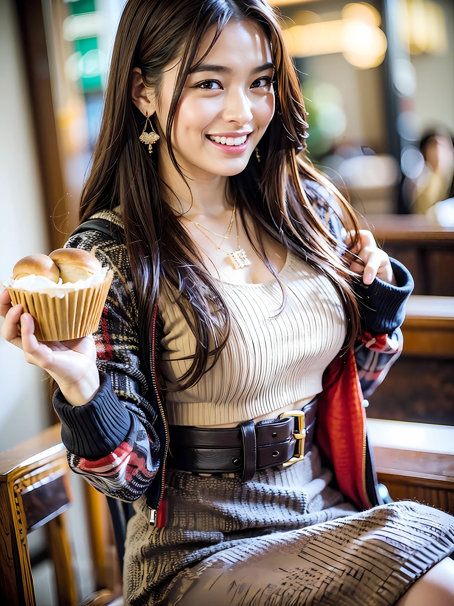 Perfect face and big breasts, lean face, thin eyebrows, brown hair, rolled hair, ((20-year-old girl with a slim and slender physique)), slender physique, lean !!!、 skin has detailed and very detailed eyes (1.1 emphasis), very detailed skin texture (1.1 emphasis). Necklace. Model photo style, photorealistic, skin texture is real human skin texture, detailed skin pores, intricate details, eyes very detailed. Adult date attire, dating, dating!!!、! Dream date, very detailed date, bread, bakery in-store. Black knitted sweater, jacket, rucksack, earrings. Full body, attractive sexy little bit, smile, strong smile, cute pose, sitting. Holding bread, eating bread, opening mouth, bursting out, laughing big, smiling. :2 --s2