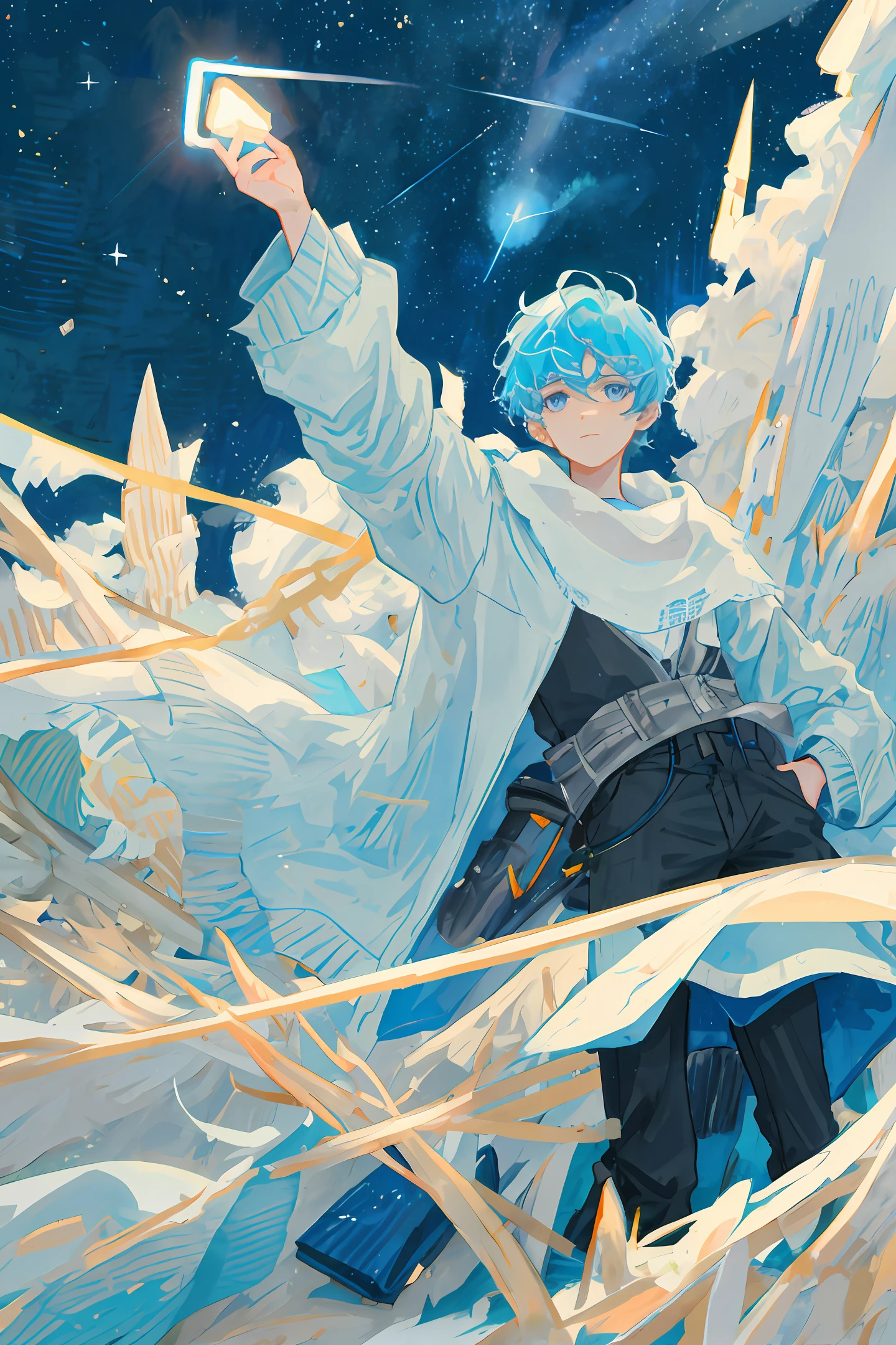 The boy in white flies with his sword