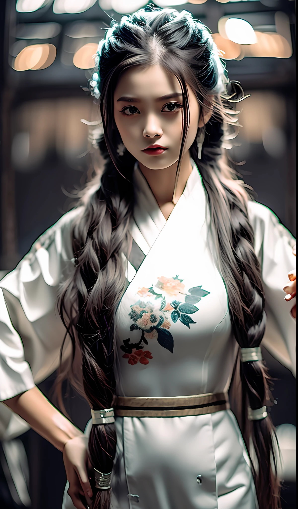 best quality, master, highres, wuxia 1girl, China dress, super beautiful face, super beautiful eye, super beautiful hair Super beautiful face, super beautiful eyes, super beautiful hair, (flower element: 1.5)