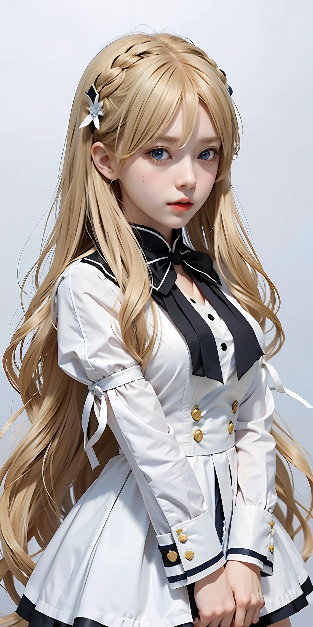 anime girl with long blonde hair and blue eyes in a white dress, from the azur lane videogame, azur lane style, characters from azur lane, from girls frontline, blonde anime girl with long hair, fine details. girls frontline, marin kitagawa fanart, girls frontline style, cushart krenz key art feminine, small curvy loli