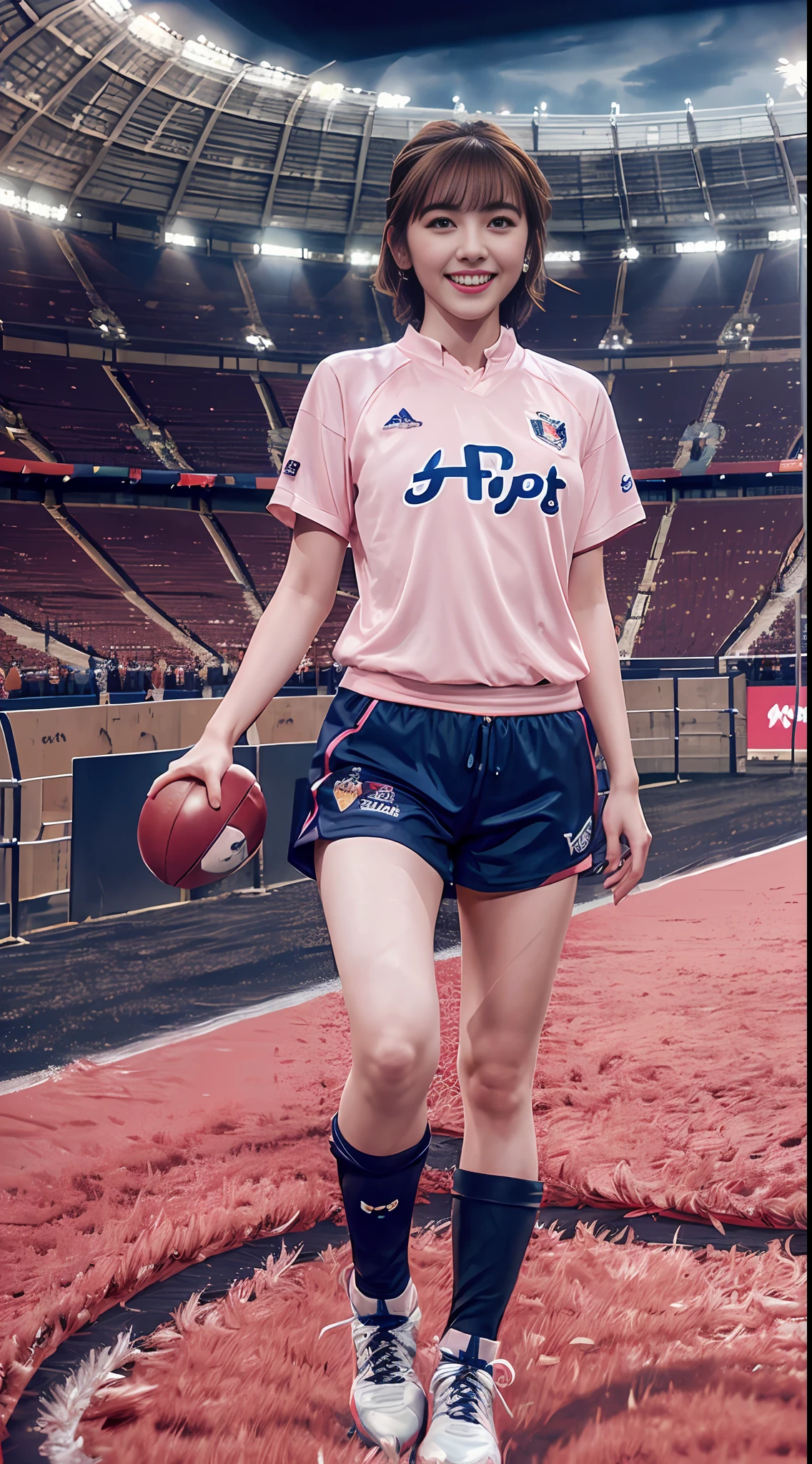 cute european girl, ((best quality, masterpiece, super high resolution)), (realistic: 1.4), highly detailed, professional lighting, smile, playing football, in stadium, dark blonde hair, short wolf cut, cute blue eyes and charming pink lips, wearing tight football shirt, football shorts, futsal boots, rushing to football, standard round football, snowy atmosphere, super realistic and cinematic, super detailed resolution image, 8k graphics, large stadium, full body, super close view