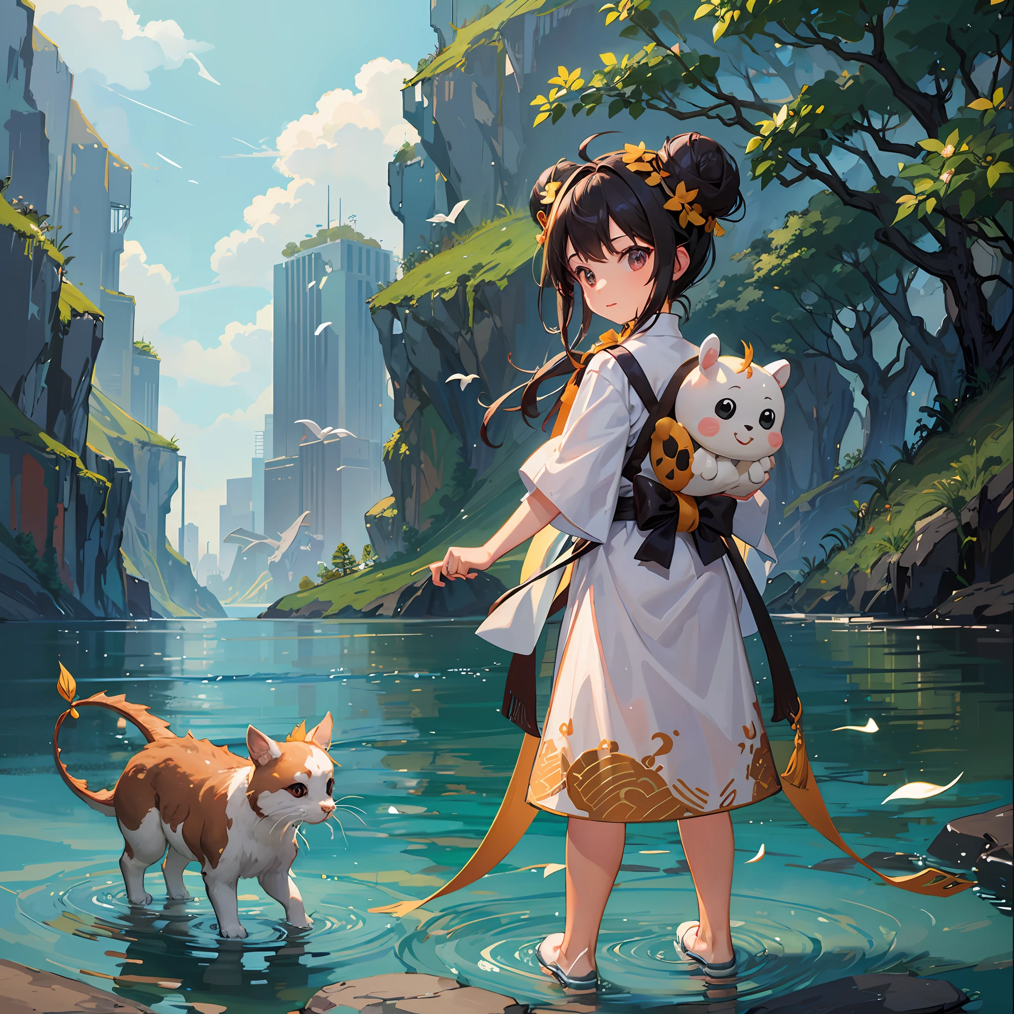 A playful child, with two buns, standing on a delicate dragon boat, happily looking ahead --auto --s2