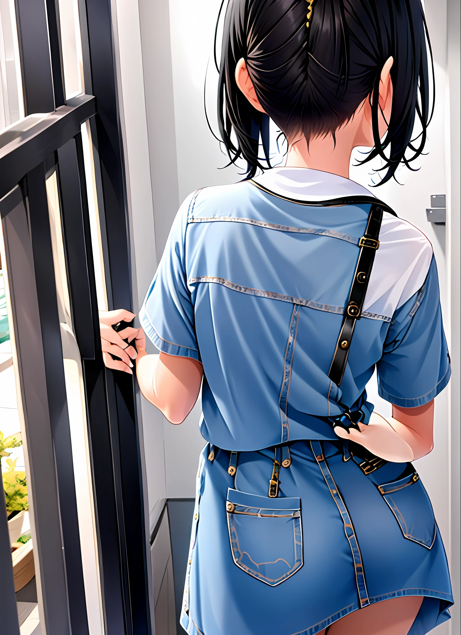 One girl, black hair, from behind