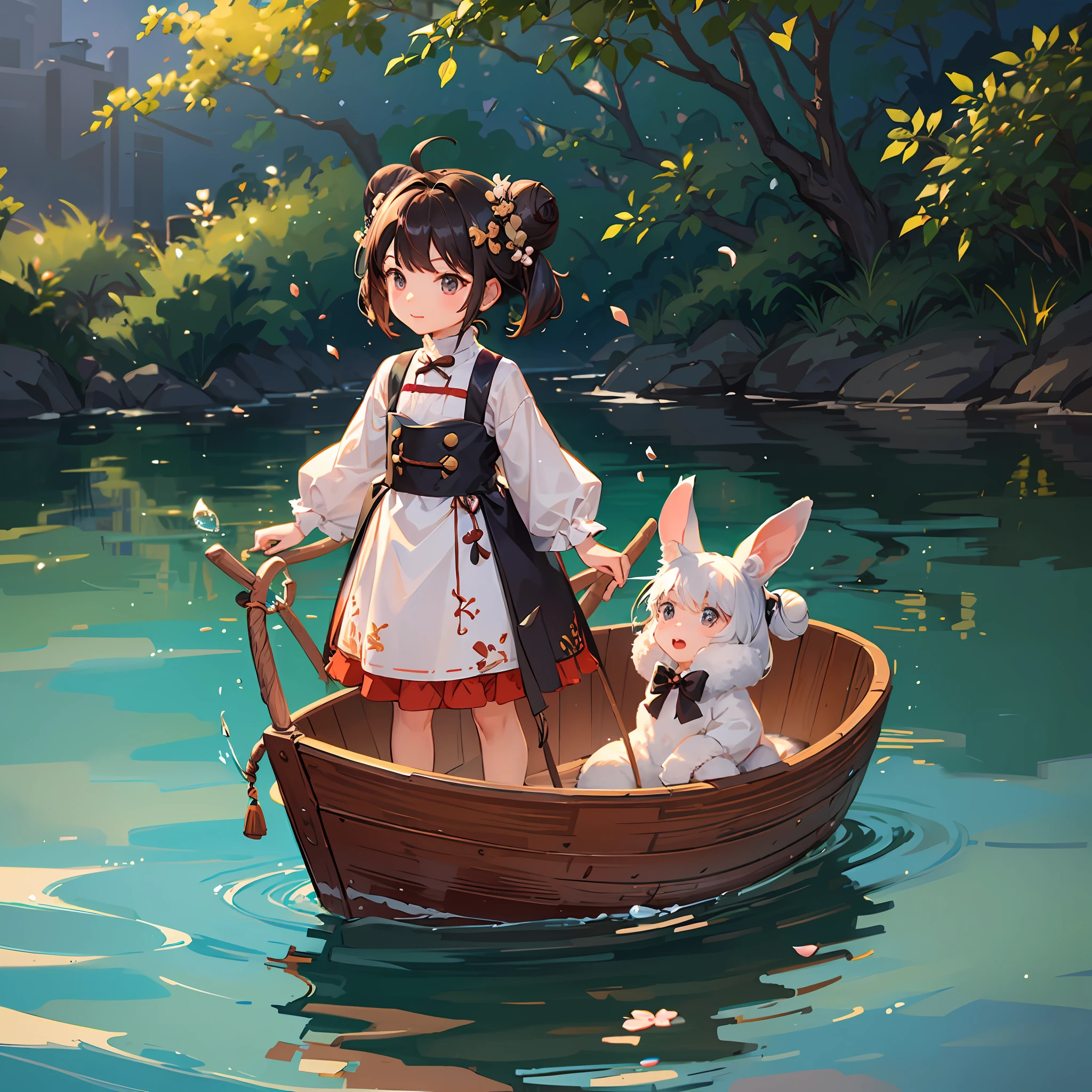 A playful child, with two buns, standing on a delicate dragon boat, happily looking ahead --auto --s2