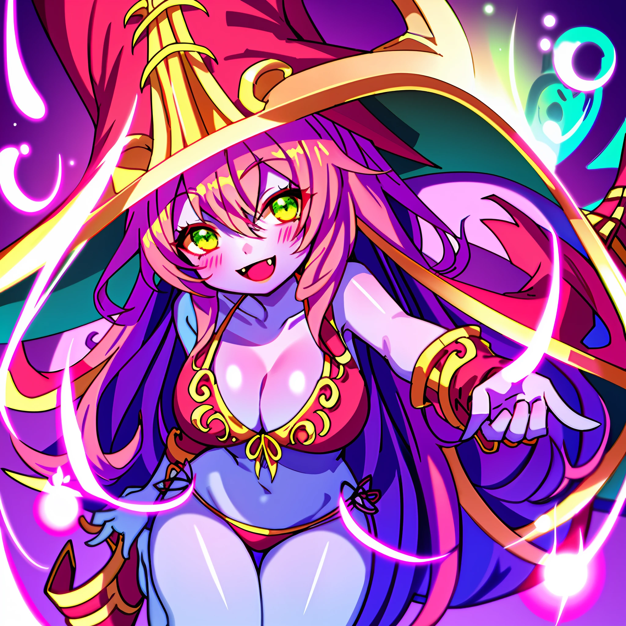 Lulu (League of Legends), 1girl, animal ears, bikini, blush, thighs, abdomen, colored skin, breasts, fang, full body, green eyes, happy, hat, League of Legends, open mouth, purple hair, purple skin, smile, solo, witch hat, yordle