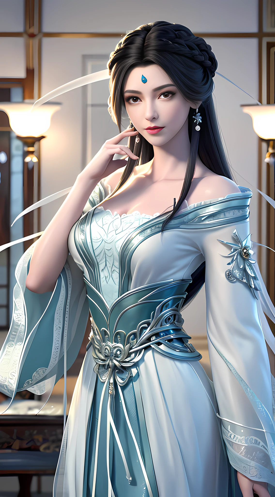 (best quality, masterpiece:1.2), ultra high res, realistic, front lighting, intricate detail, Exquisite details and textures, 1girl, solo ,(young), face highlight, upper body, detailed face, tear mole, white skin, silver hair, ponytail, braid hair, looking at viewer, big eyes, silk robe, (hollow pattern, white, silk), earrings, small breasts, slim body, luxury room, professional lighting, photon mapping, radiosity, physically-based rendering,