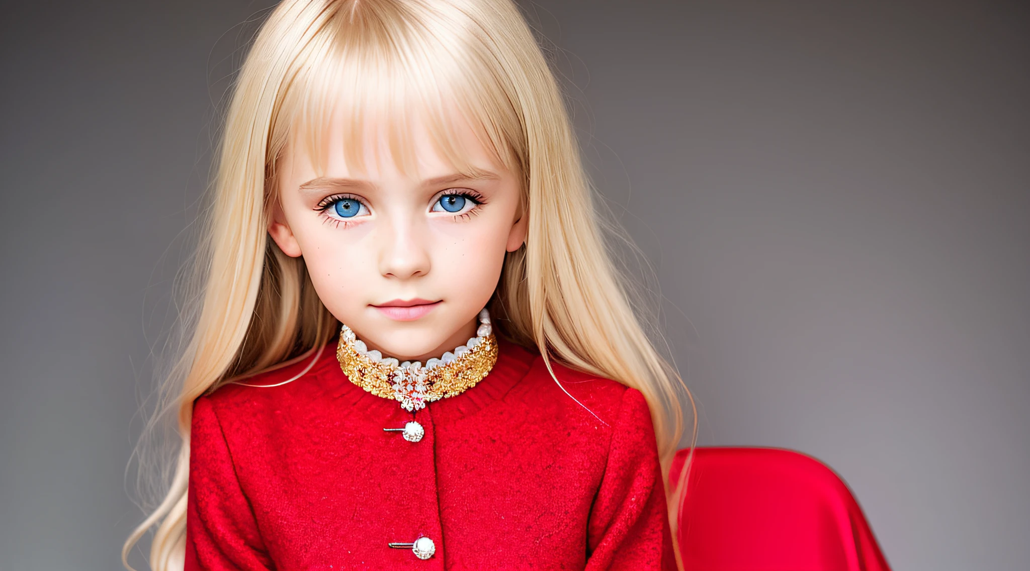  BLONDE girl, golden eyes, platinum haired girl, pearl brooch in hair, RED BACKGROUND.