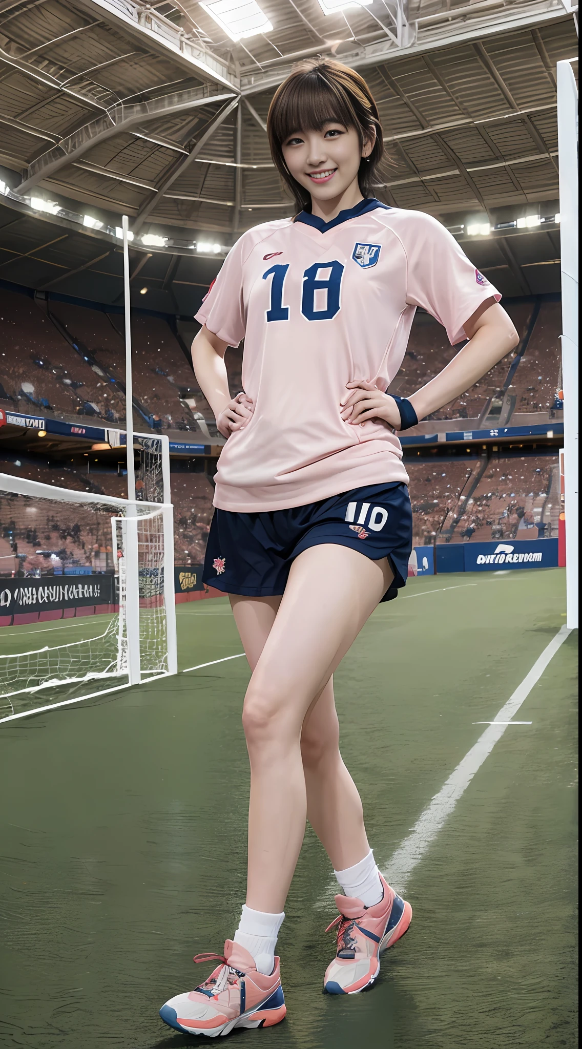 Cute Japanese girl, ((Best Quality, Masterpiece, Super High Resolution)), (Realistic: 1.4), Highly detailed, professional lighting, smile, play soccer, in stadium, dark blonde hair, short wolf cut, cute blue eyes and charming pink lips, wearing tight soccer shirt, soccer shorts, futsal boots, rush to soccer, standard round soccer, snowy atmosphere, ultra-realistic and cinematic, ultra-detailed resolution image, 8k graphics, large stadium, full body, super close view
