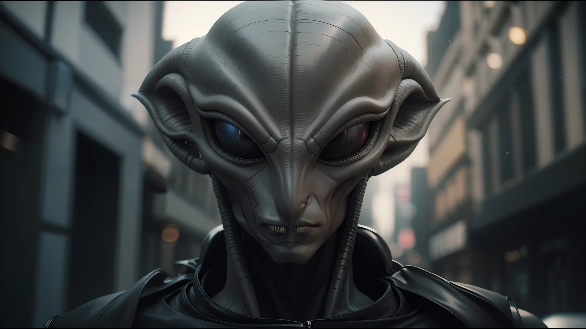 alien looking man in a black leather jacket in a city, vfx film closeup, mandkaws, grey robes, maya ali as a storm sorcerer, silvery skinned male elf, kenku, rendered in redshift, alien wildlife --auto --s2