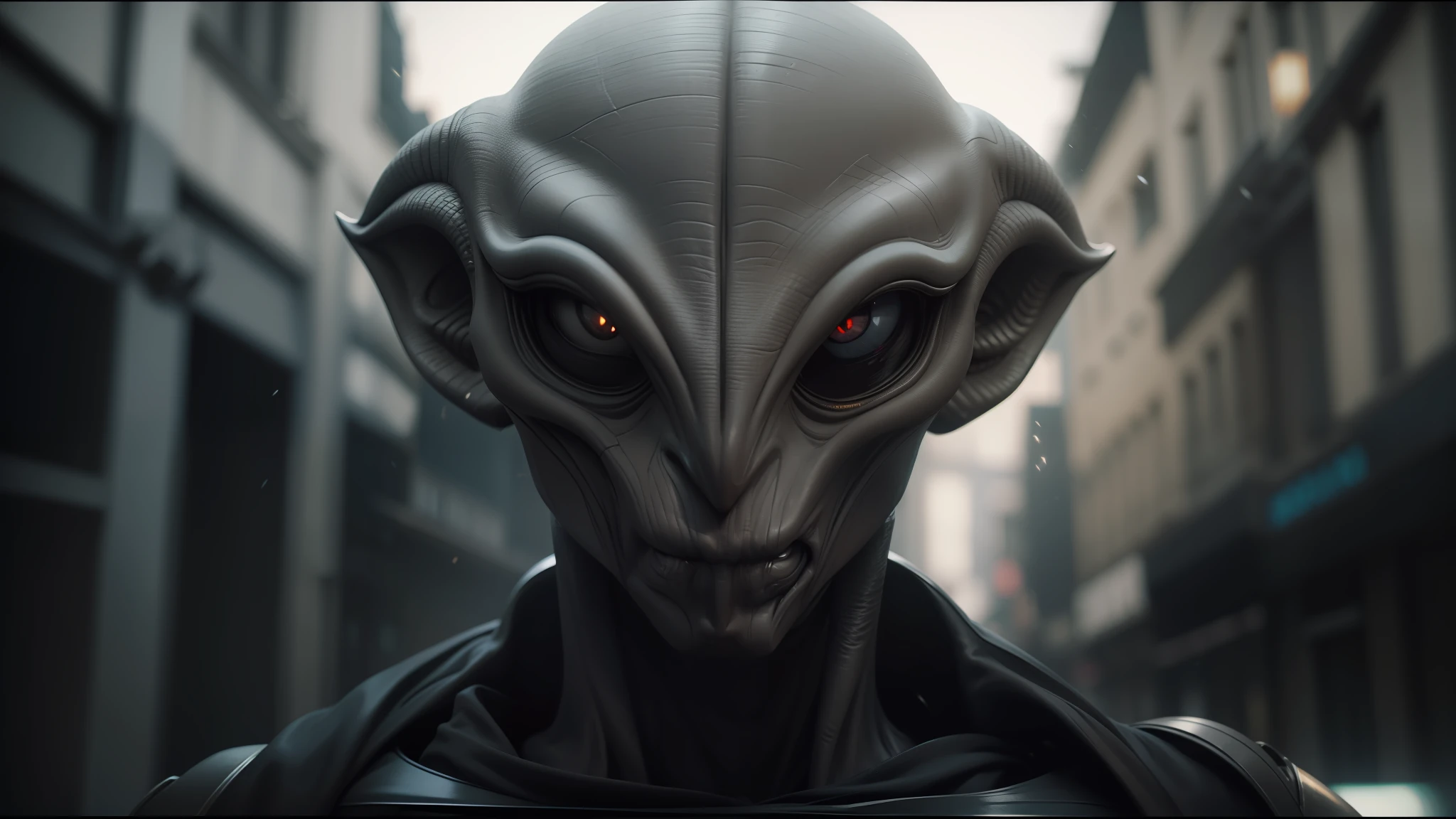 alien looking man in a black leather jacket in a city, vfx film closeup, mandkaws, grey robes, maya ali as a storm sorcerer, silvery skinned male elf, kenku, rendered in redshift, alien wildlife --auto --s2