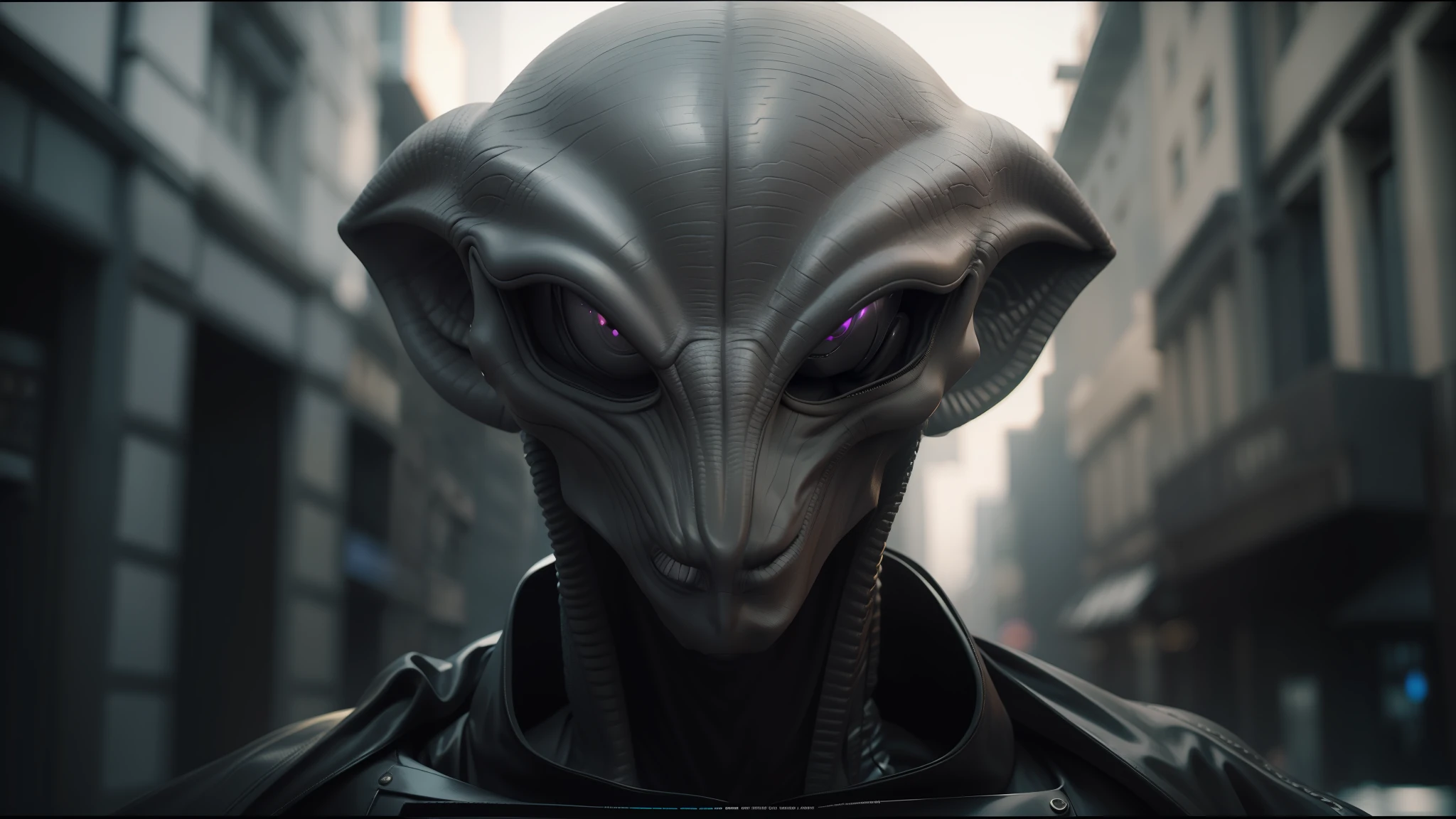 alien looking man in a black leather jacket in a city, vfx film closeup, mandkaws, grey robes, maya ali as a storm sorcerer, silvery skinned male elf, kenku, rendered in redshift, alien wildlife --auto --s2