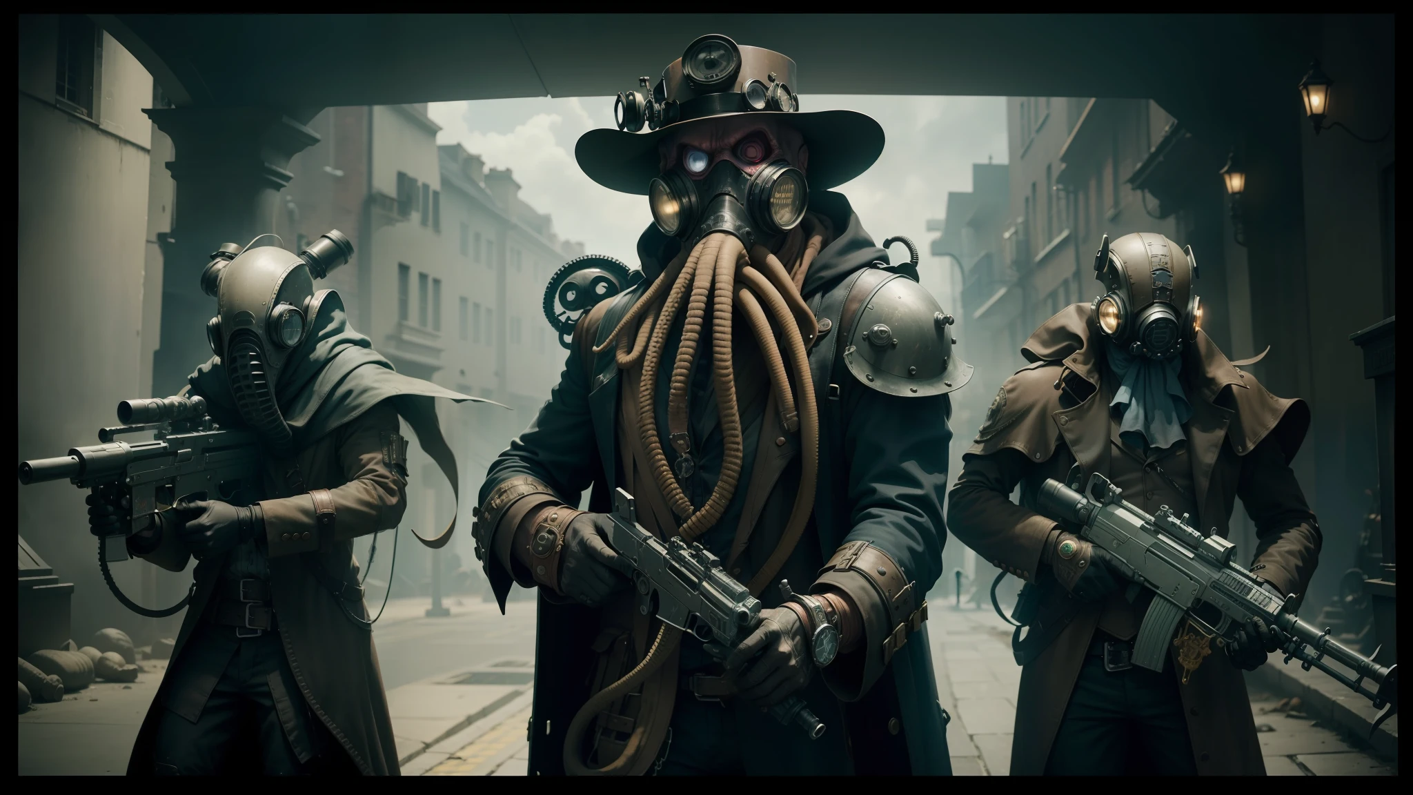 three people in gas masks and gas masks holding guns, illithid, wearing steampunk top hat, still image from the movie, concept creature character art, sailpunk, zoidberg, shot on anamorphic lenses, nekro iii, post - apokalyptic, iron maiden, dark streets --auto --s2
