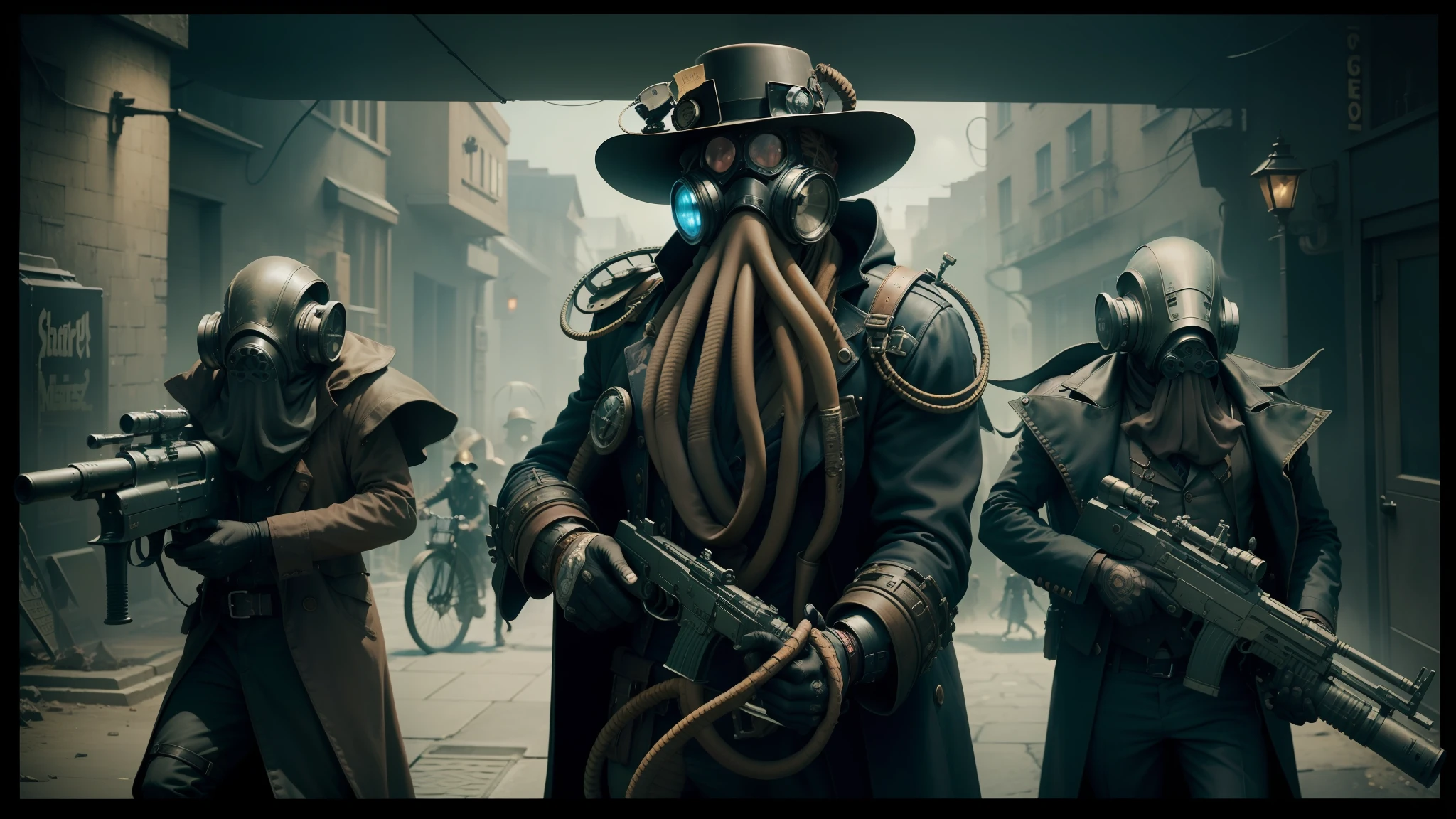 three people in gas masks and gas masks holding guns, illithid, wearing steampunk top hat, still image from the movie, concept creature character art, sailpunk, zoidberg, shot on anamorphic lenses, nekro iii, post - apokalyptic, iron maiden, dark streets --auto --s2