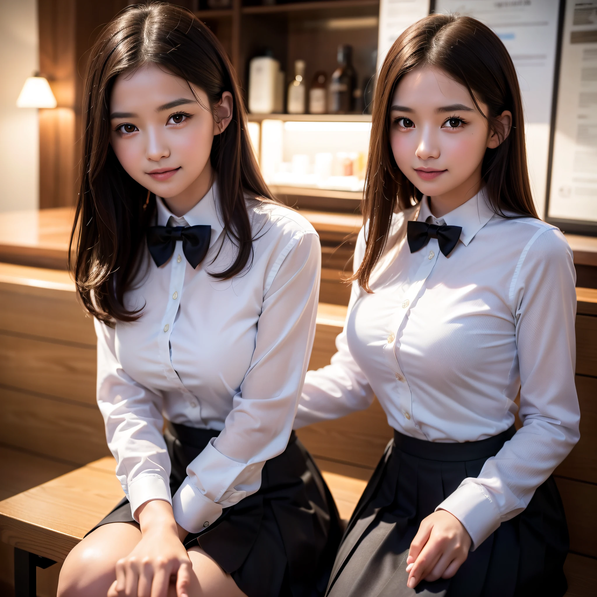 1 girl, (8k, RAW photo, best quality, masterpiece: 1.2), (realistic, photo-realistic: 1.37), ultra-detailed, beautiful, solo, beautiful detailed sky, detailed coffee, night, sitting, (flushed nose), (smile: 1.1), medium breasts, beautiful detailed eyes, long brown hair, (collared shirt: 1.1), bow tie, pleated skirt, (short hair: 1.2), long hair, taking big ice cream,