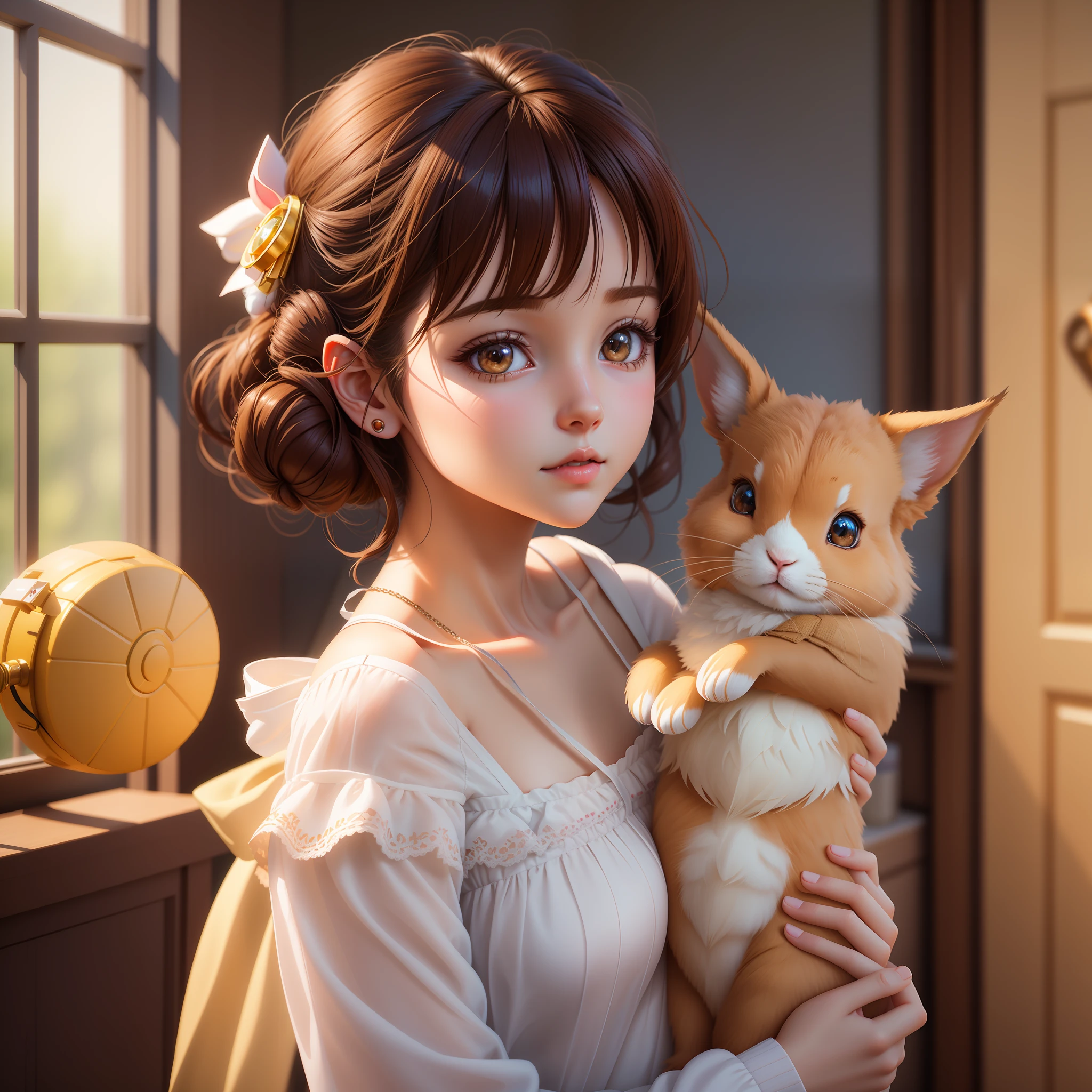 There is a girl holding a rabbit, cute digital painting, realistic anime 3d style, very beautiful cute girl, guvez style artwork, cute 3d rendering, 3d anime realistic, cute detailed digital art, anime style. 8K, 8K portrait rendering, 8K photorealistic digital art, 8K CG rendering