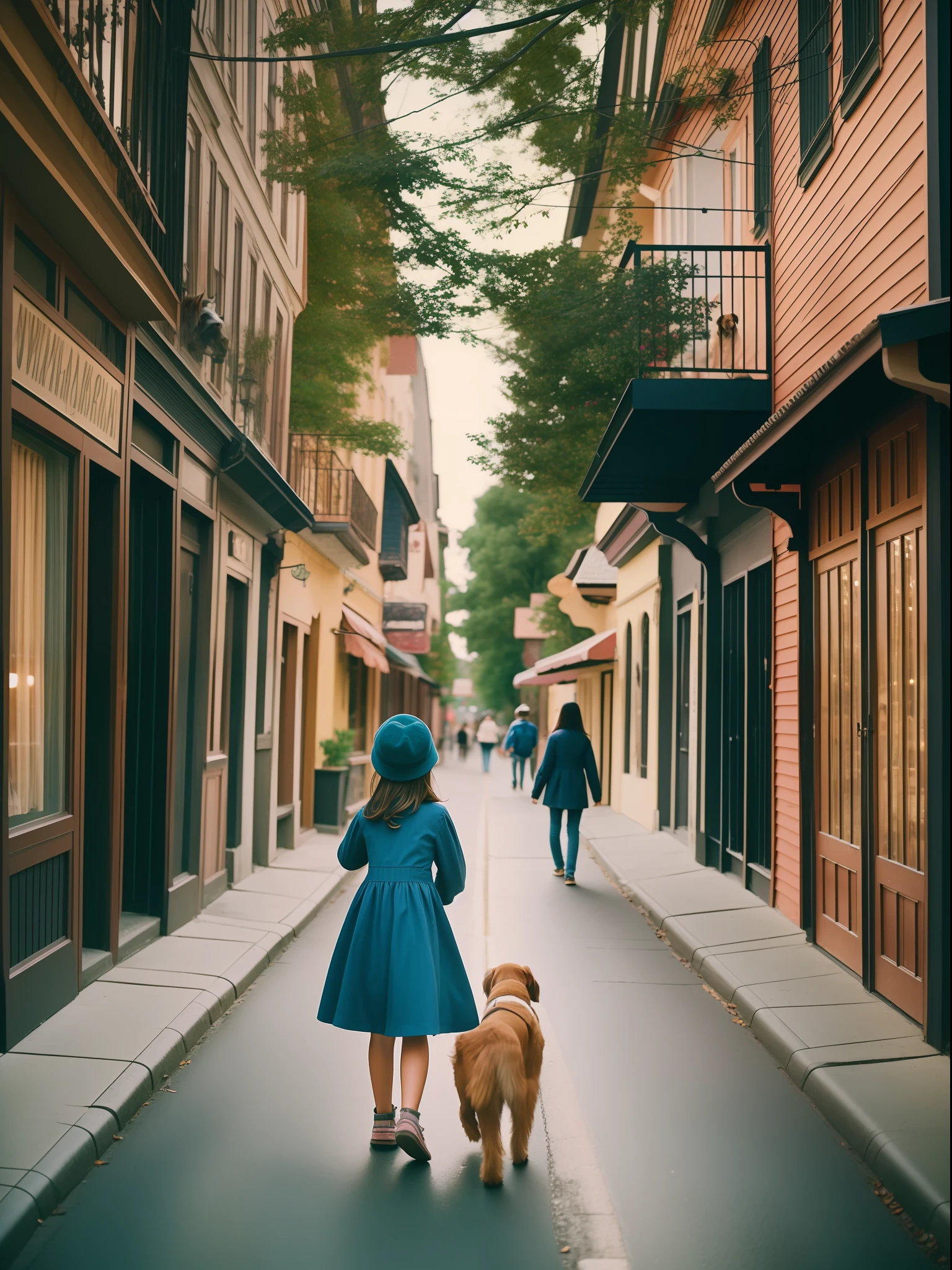A girl and a dog strolling down the road show the ultimate in quality and detail in medium format photography, with noise, capturing the dreamy atmosphere of a movie cover. --auto --s2