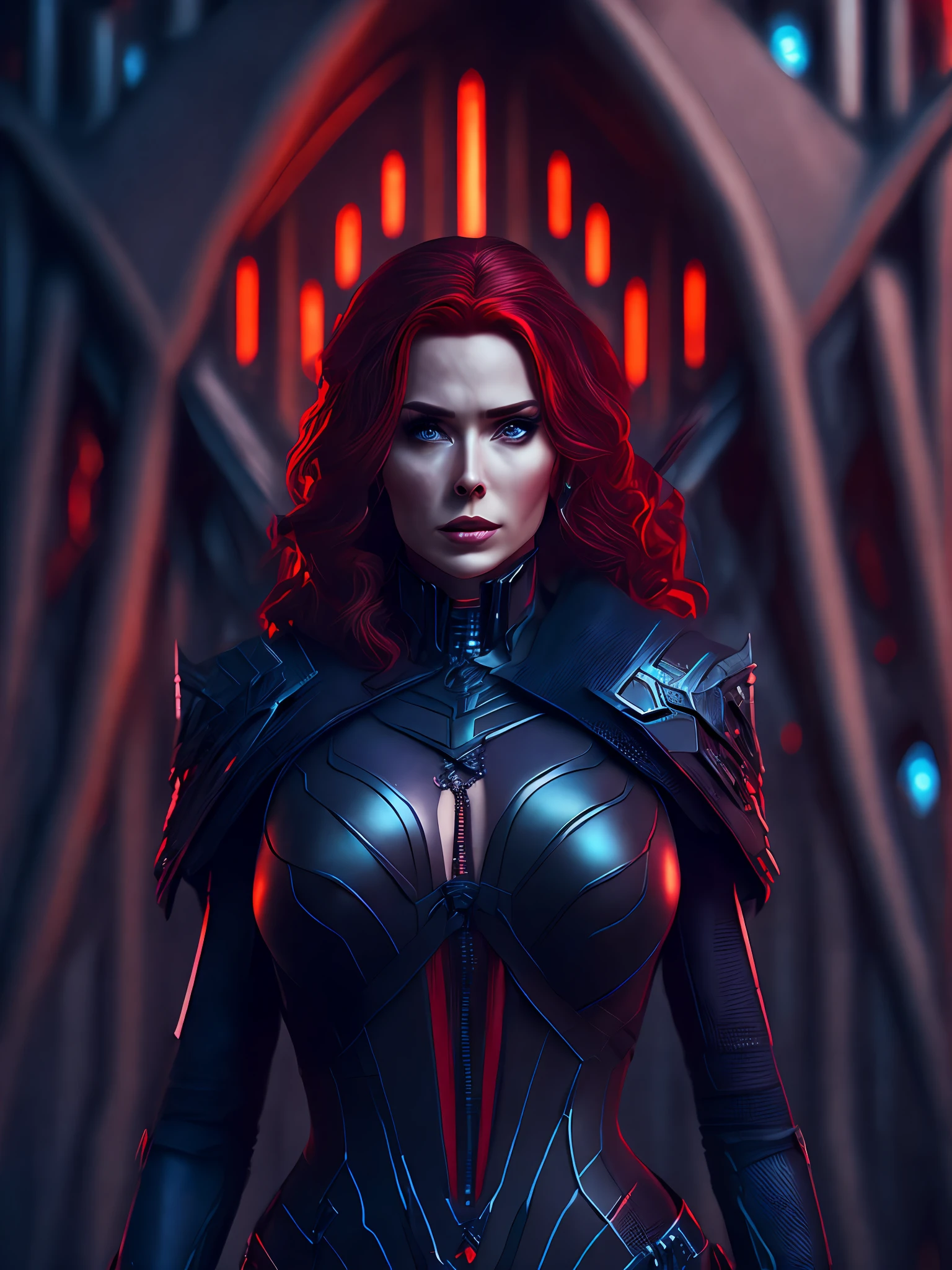 somber portrait of Sexy Black Widow from Marvel, big breasts, with intricate angular cybernetic implants inside a brutalist building, gothic brutalist cathedral, cyberpunk, award-winning photo, bokeh, neon lights, cybernetic limb