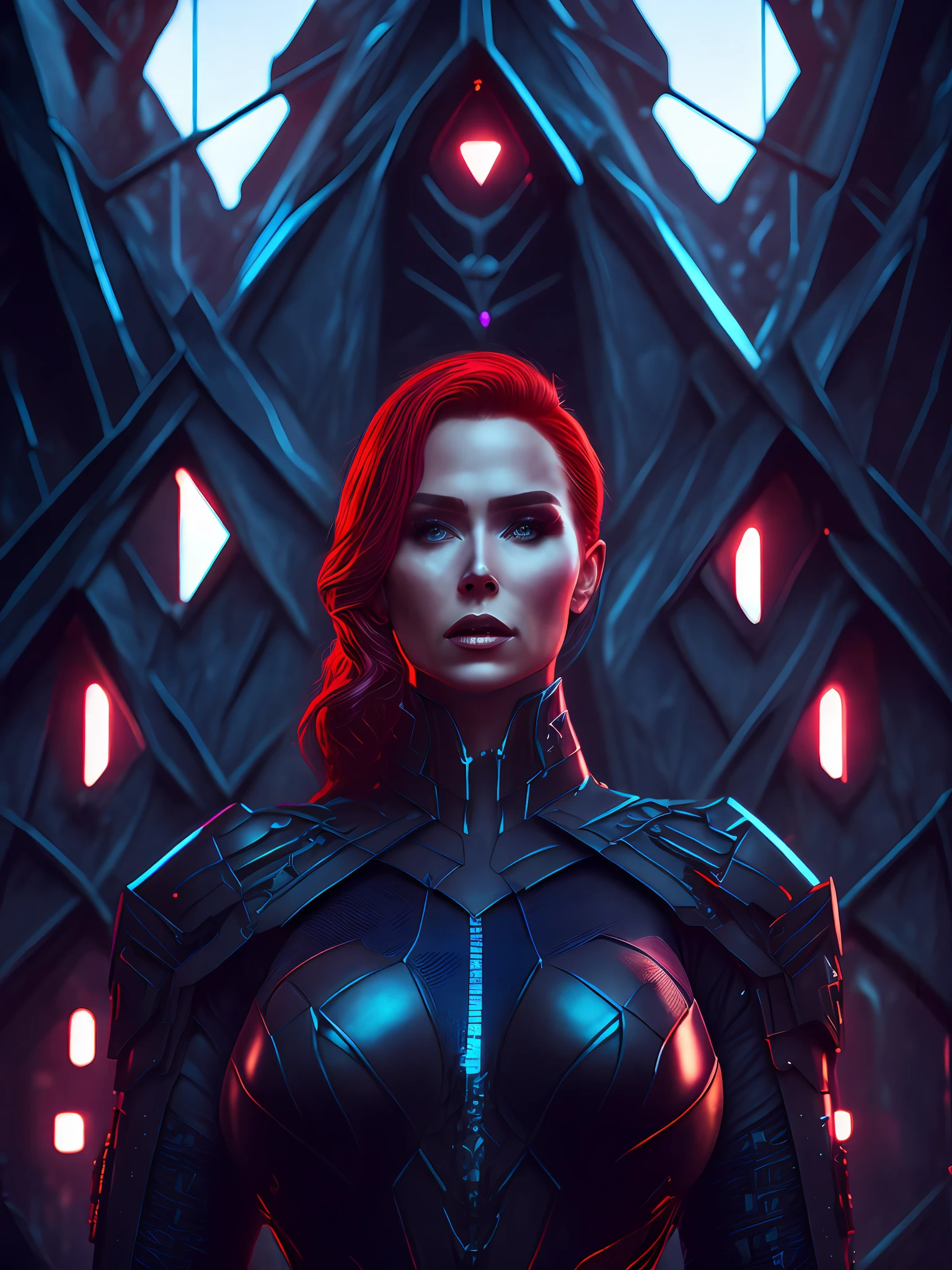 somber portrait of Sexy Black Widow from Marvel, big breasts, with intricate angular cybernetic implants inside a brutalist building, gothic brutalist cathedral, cyberpunk, award-winning photo, bokeh, neon lights, cybernetic limb