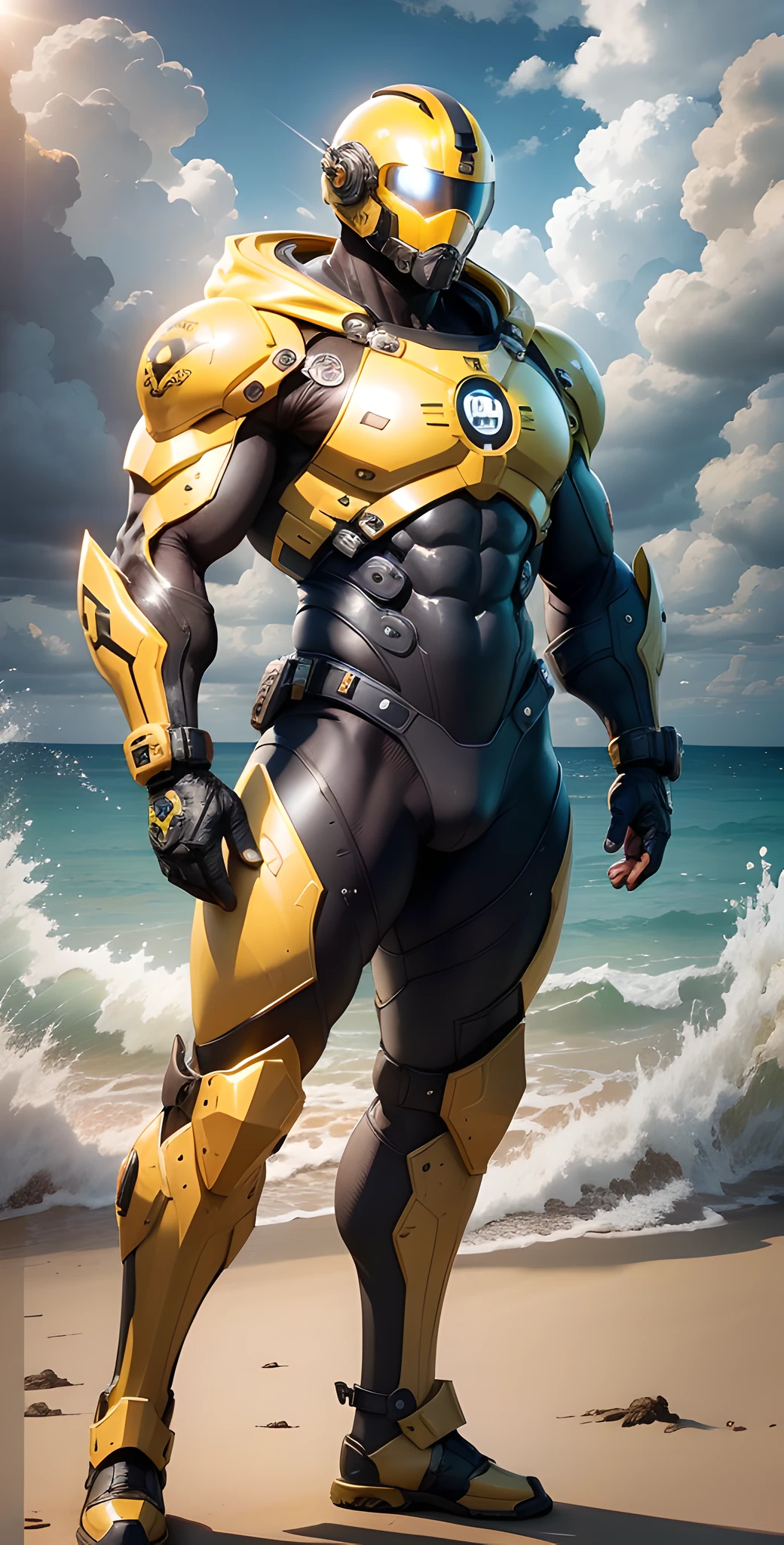 Man in yellow and black clothes standing on the sunny beach, muscular man, American round inch, Buzz cut, muscular! Wearing a cool mechanical helmet, round head Buzz Cut, stealth suit, symmetrical floral texture design, optimal picture quality and resolution, character design special forces, black military boots, attractive strong men and armor, weaving sunlight through the clouds