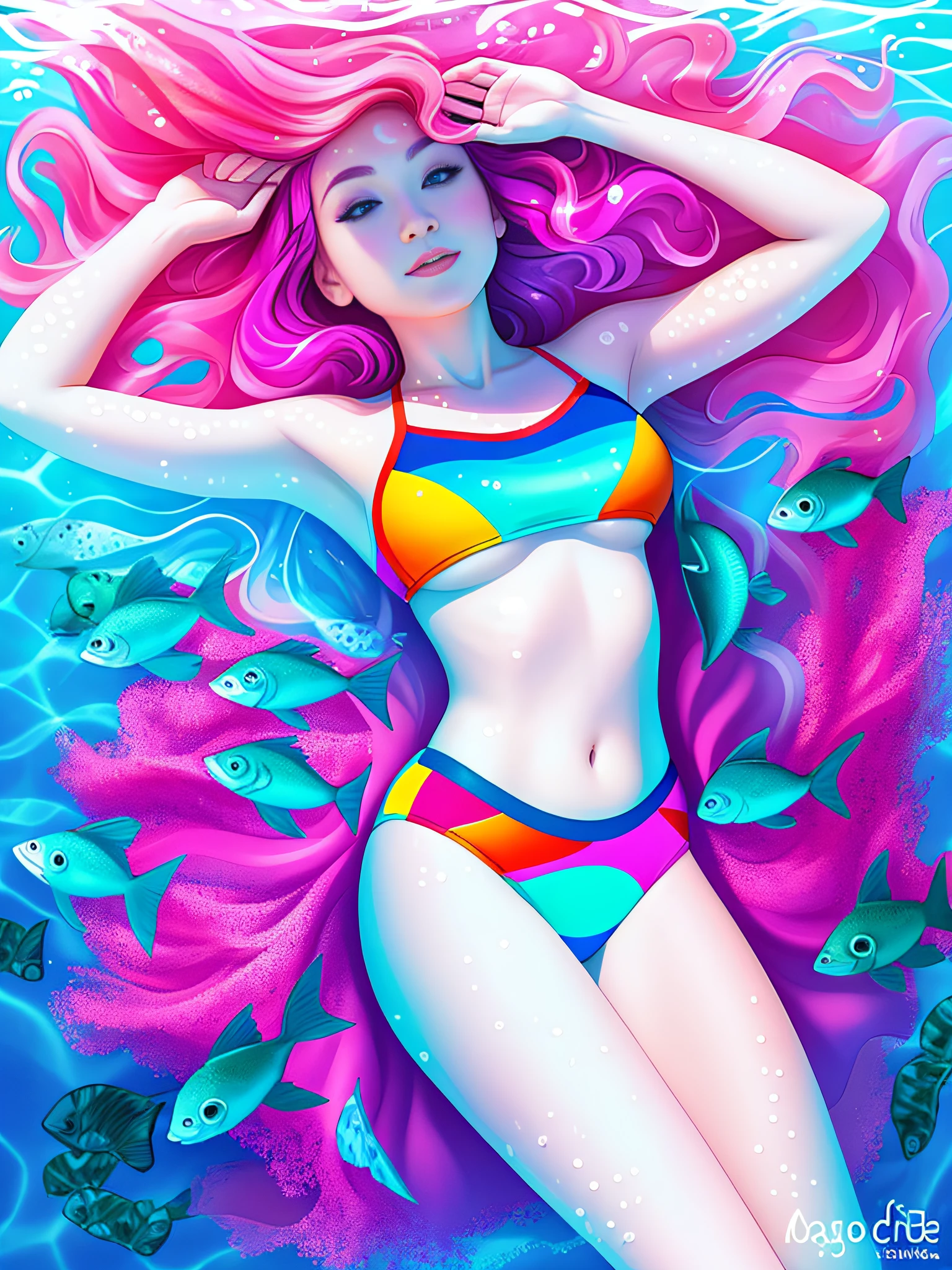 woman in a colorful swimsuit laying on the water with fish, wearing two - piece swimsuit, psychedelic swimsuit, see fishes swimming, fishes swimming, in retro swimsuit, is wearing a swimsuit, monokini, swimsuit, inspired by Naomi Okubo, swim suite, fish swimming, under water swimming, fishes, in the sea, underwater photography, swimming, in the ocean --auto --s2