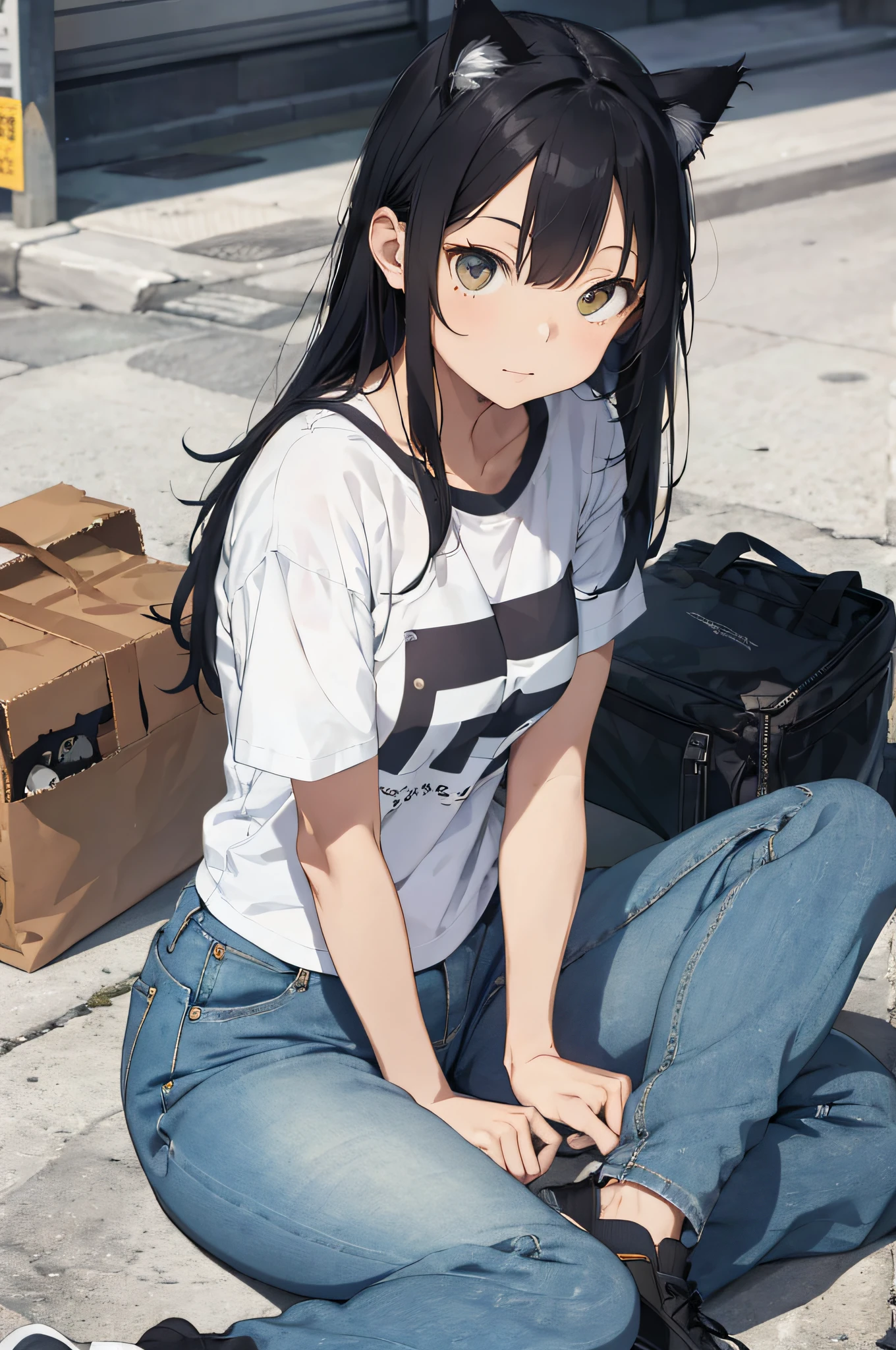 Cat-eared woman alafe woman sitting on floor with legs crossed and bag in background, simple style, simple clothes, jeans and t-shirt, casual clothing style, cute shirt and jeans, streetwear, Japan streetwear, white trendy clothes, cute casual streetwear, various poses, advertising images, casual clothes, ThisSet Style, Yasutomo Oka
2