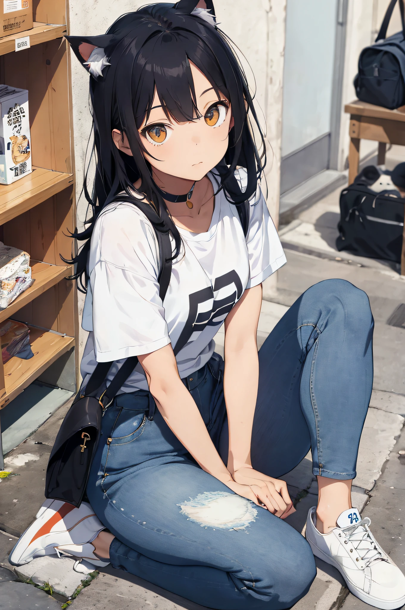 Cat-eared woman alafe woman sitting on floor with legs crossed and bag in background, simple style, simple clothes, jeans and t-shirt, casual clothing style, cute shirt and jeans, streetwear, Japan streetwear, white trendy clothes, cute casual streetwear, various poses, advertising images, casual clothes, ThisSet Style, Yasutomo Oka
2