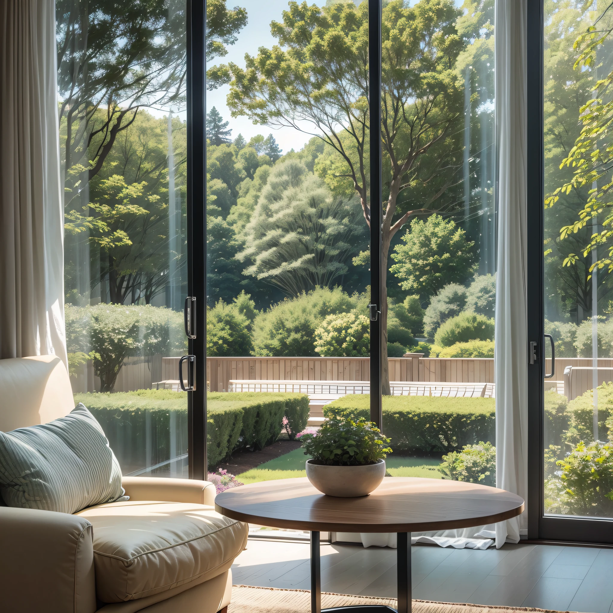 View from living room with sofa and table, pleasant setting, view from the window, trees in the background, trees in the background, trees in the background, trees outside, view from the window, landscape shooting, trees in the foreground, park and garden, park in the background, window view, various trees behind, nature outside, realistic style --auto --s2
