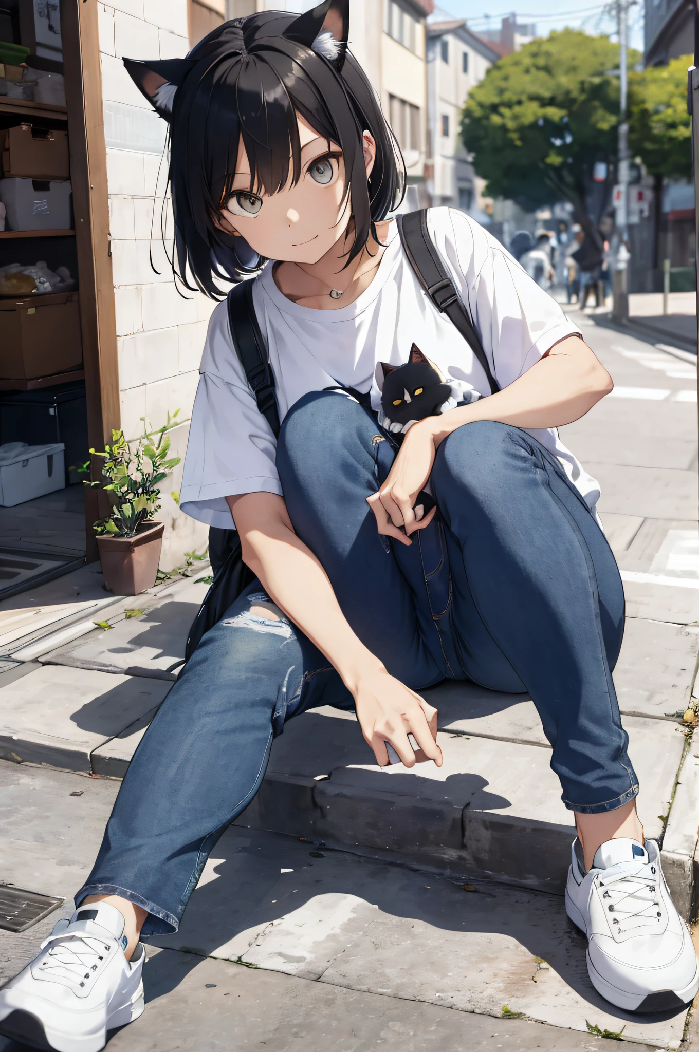 Cat-eared woman alafe woman sitting on floor with legs crossed and bag in background, simple style, simple clothes, jeans and t-shirt, casual clothing style, cute shirt and jeans, streetwear, Japan streetwear, white trendy clothes, cute casual streetwear, various poses, advertising images, casual clothes, ThisSet Style, Yasutomo Oka
2