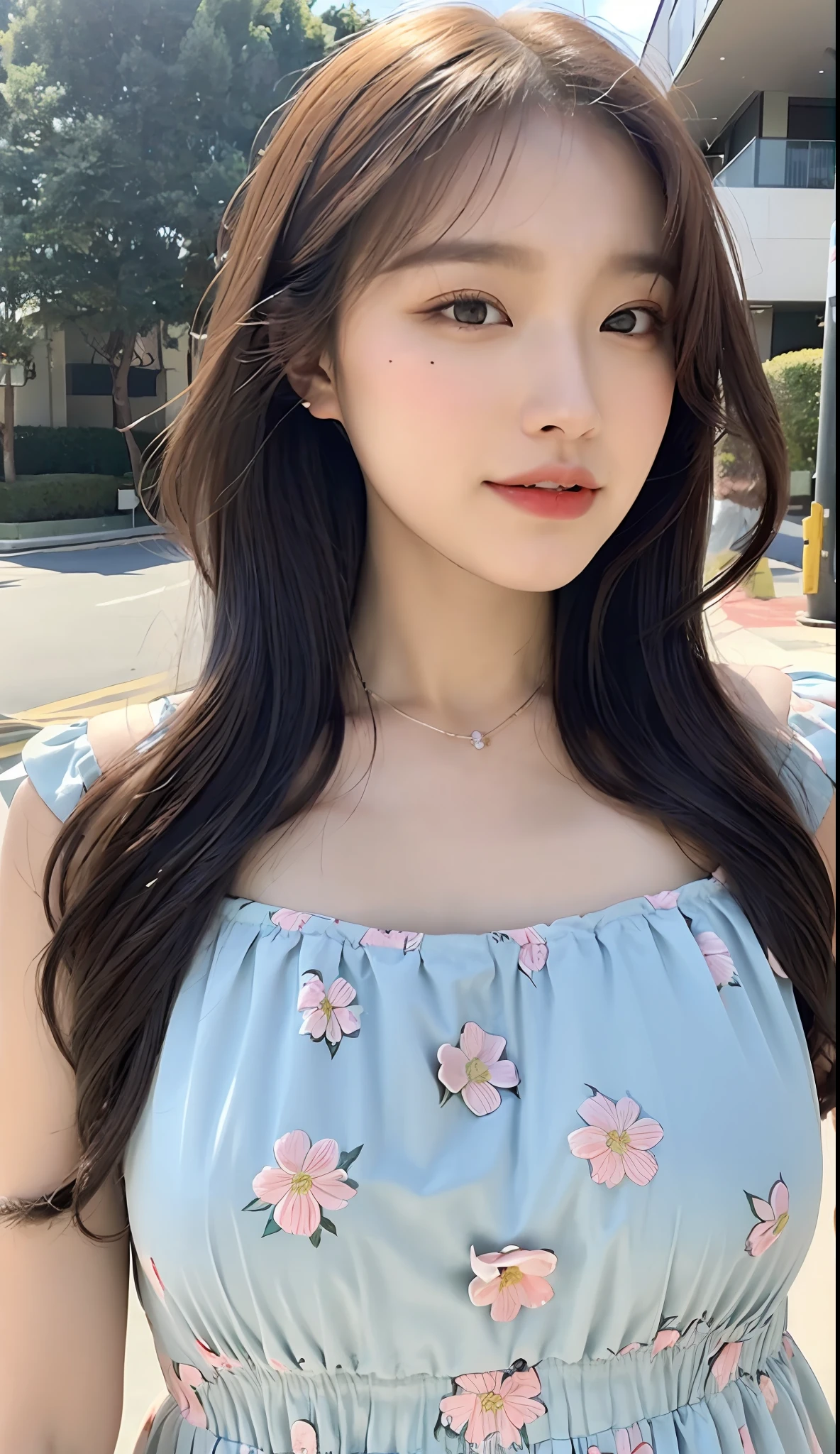 ((Best Quality, 8K, Masterpiece: 1.3)), (Happiness: 1.3), Focus: 1.2, Perfect Body Beauty: 1.4, Buttocks: 1.2, (Big Wave: 1.2)), , (Street: 1.8), Highly Detailed Face and Skin Texture, Delicate Eyes, Double Eyelids, Whitened Skin, Long Hair, (Round Face: 1.5), (Floral Dress: 1.6)