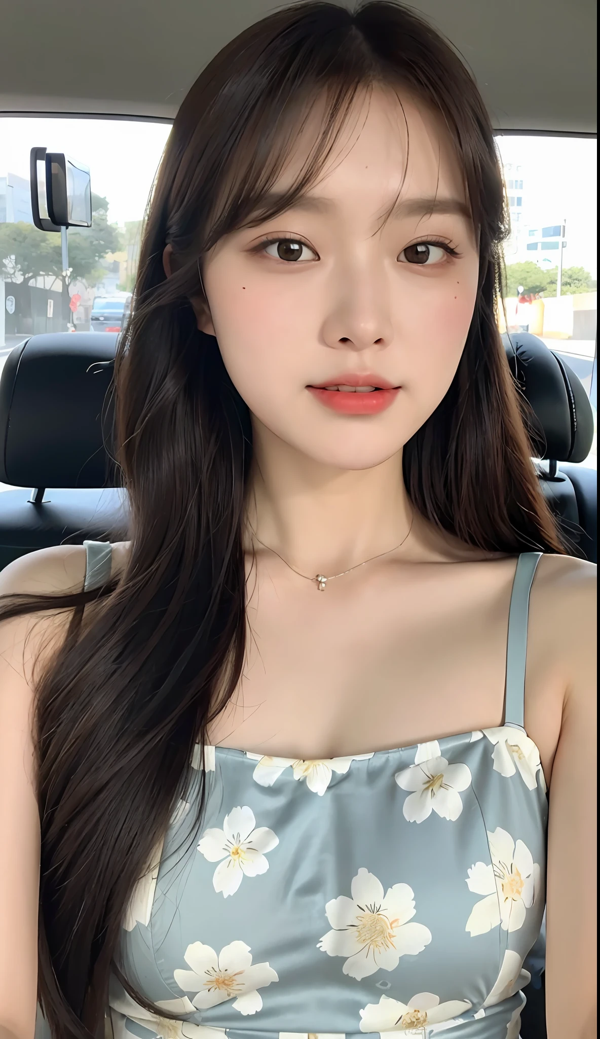 ((Best Quality, 8K, Masterpiece: 1.3)), (Happiness: 1.3), Focus: 1.2, Perfect Body Beauty: 1.4, Buttocks: 1.2, (Big Wave: 1.2)), , (Street: 1.8), Highly Detailed Face and Skin Texture, Delicate Eyes, Double Eyelids, Whitened Skin, Long Hair, (Round Face: 1.5), (Floral Dress: 1.6)