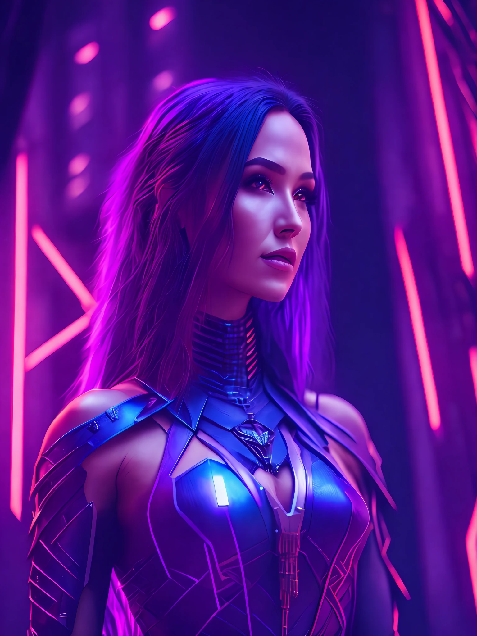 grim portrait of Sexy Psylocke from Marvel with intricate angular cybernetic implants inside a brutalist building, gothic brutalist cathedral, cyberpunk, award-winning photo, bokeh, neon lights, cybernetic limb