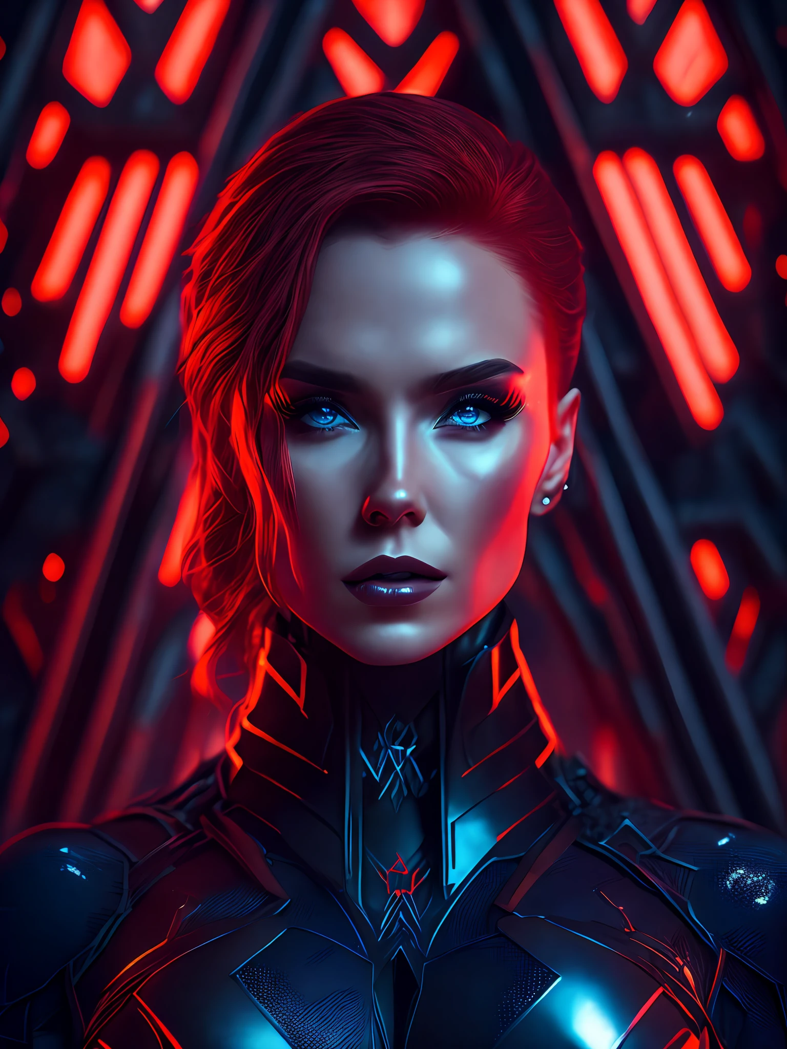 somber portrait of Sexy Black Widow from Marvel with intricate angular cybernetic implants inside a brutalist building, gothic brutalist cathedral, cyberpunk, award-winning photo, bokeh, neon lights, cybernetic limb