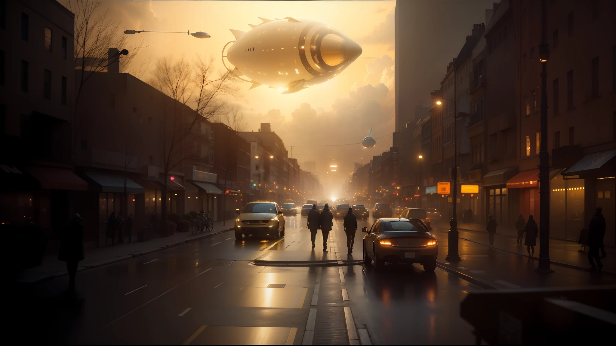 there is a large object flying over a city street at night, still from the movie the arrival, lumen reflections, syndicate(2012), blimps, organic transistors, by Jan Victors, still from a music video, lensflare, cloudy atmosphere, stålenhag, matte art, boulevard, inspired by Jules Chéret, champagne commercial --auto --s2