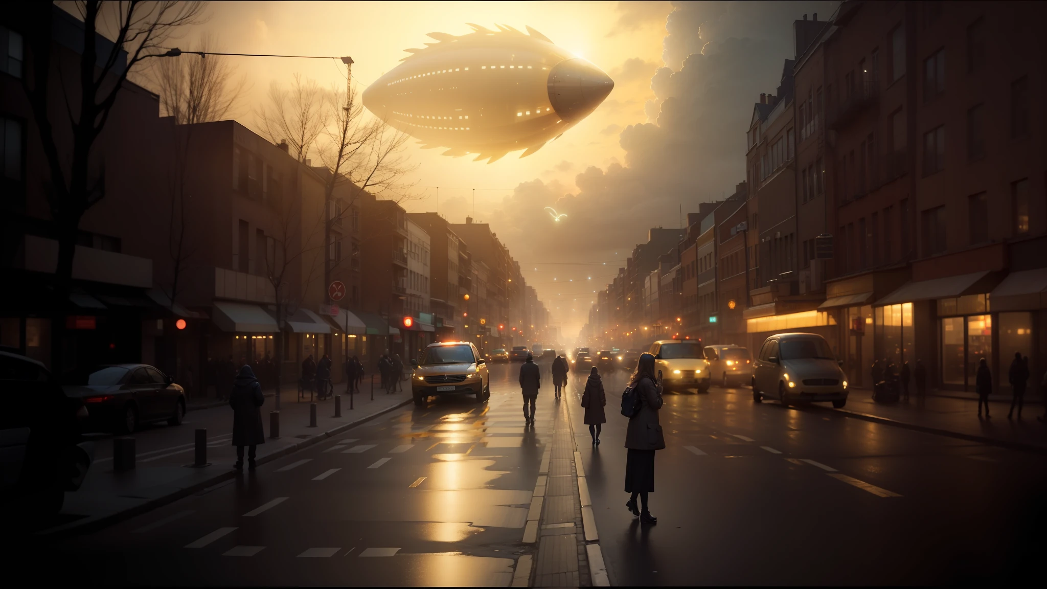 there is a large object flying over a city street at night, still from the movie the arrival, lumen reflections, syndicate(2012), blimps, organic transistors, by Jan Victors, still from a music video, lensflare, cloudy atmosphere, stålenhag, matte art, boulevard, inspired by Jules Chéret, champagne commercial --auto --s2