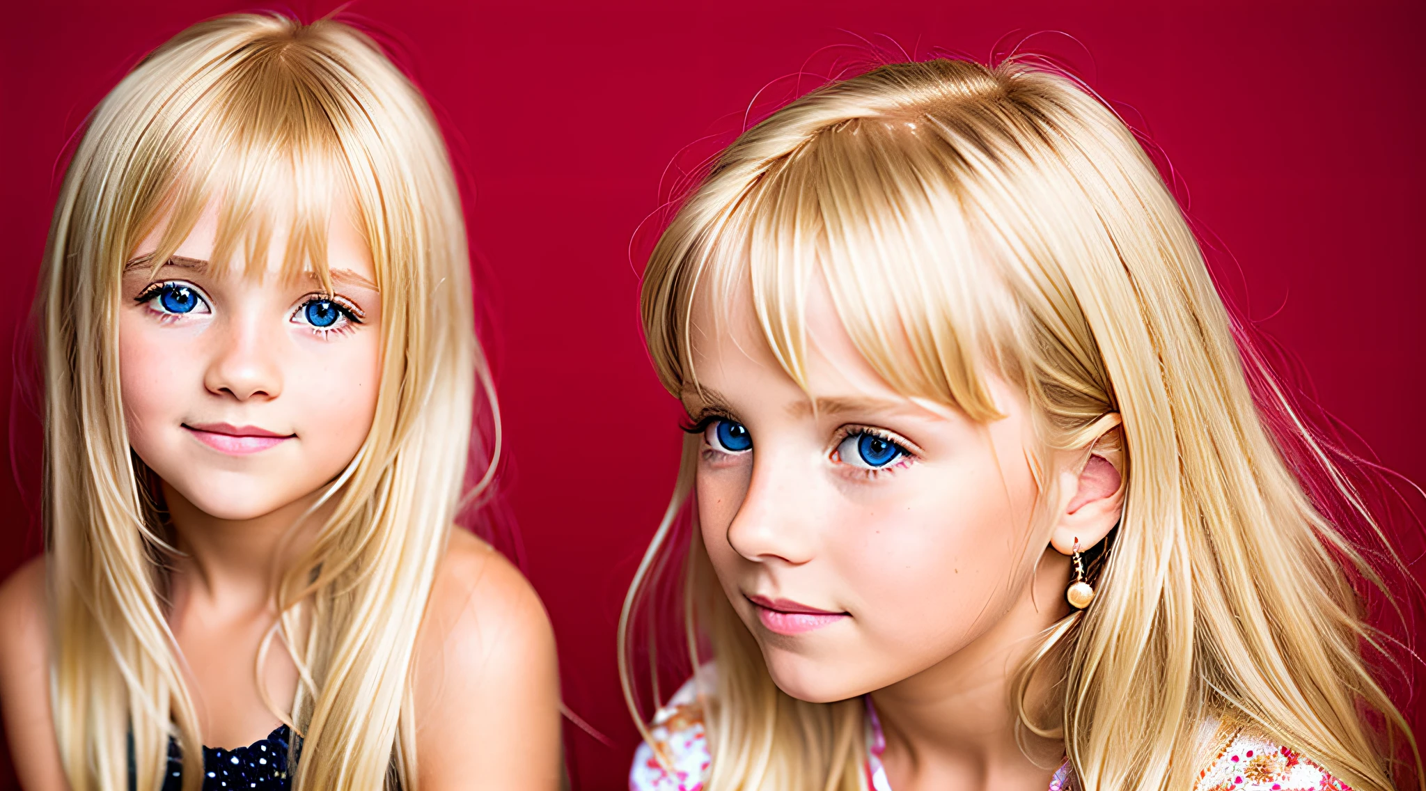 BLONDE girl, golden eyes, platinum haired girl, pearl brooch in hair AND GOLDEN BLONDS, RED BACKGROUND.