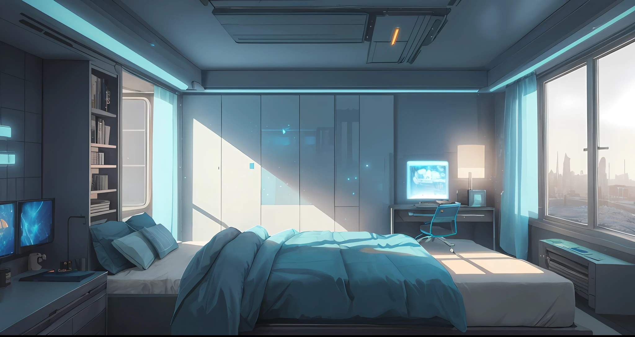 Gorgeous sci-fi matte painting for the bedroom of John Harris, Sparta and Greg Rutkowski. Sharp edges, Tiffany blue, poor design, age room, dark gray, gray-blue, white.. A sci-fi bedroom on a space base, outside the windows of the future Cyberpunk cityscape, the lighting effect. Ultra-clear detailed, 3D, octane 8K rendering