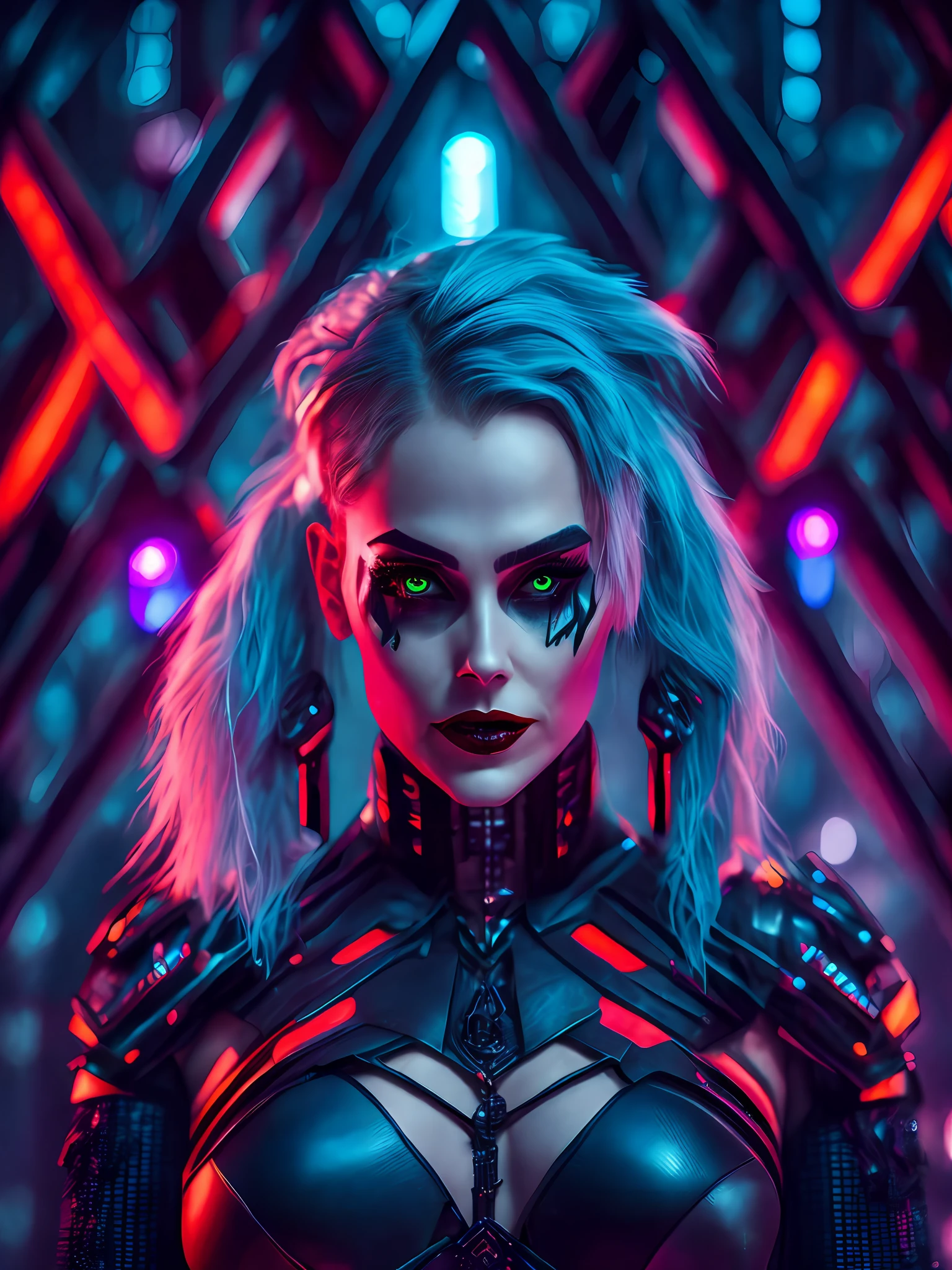 somber portrait of Sexy Harley Quinn from DC with intricate angular cybernetic implants inside a brutalist building, gothic brutalist cathedral, cyberpunk, award-winning photo, bokeh, neon lights, cybernetic limb