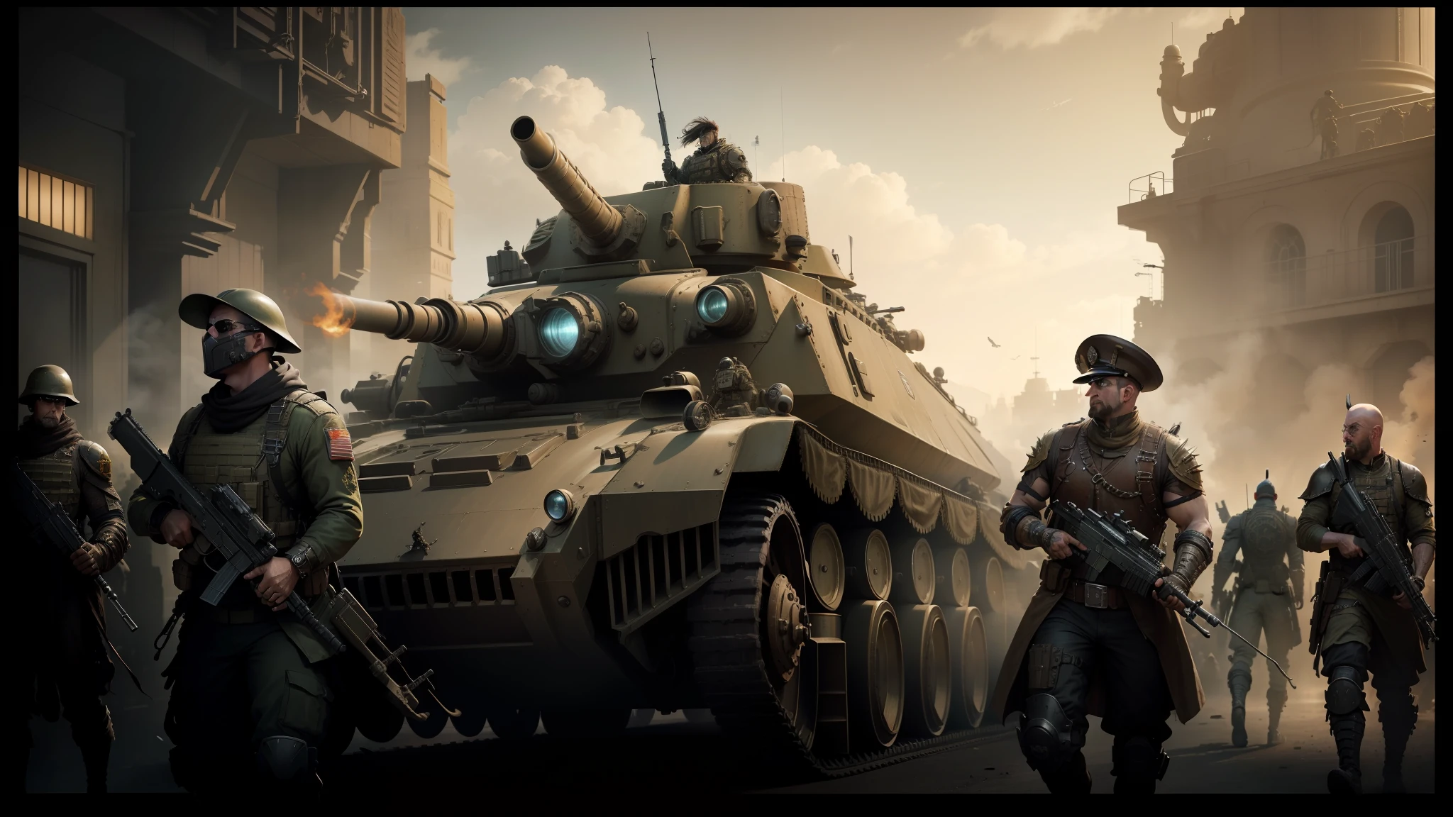 soldiers are walking in front of a military vehicle with a large tank, steampunk concept art, nekro iii, road warrior, inspired by Mirabello Cavalori, skaven, promotional render, panoramic anamorphic, symmetrical dieselpunk warrior, giant guns --auto --s2