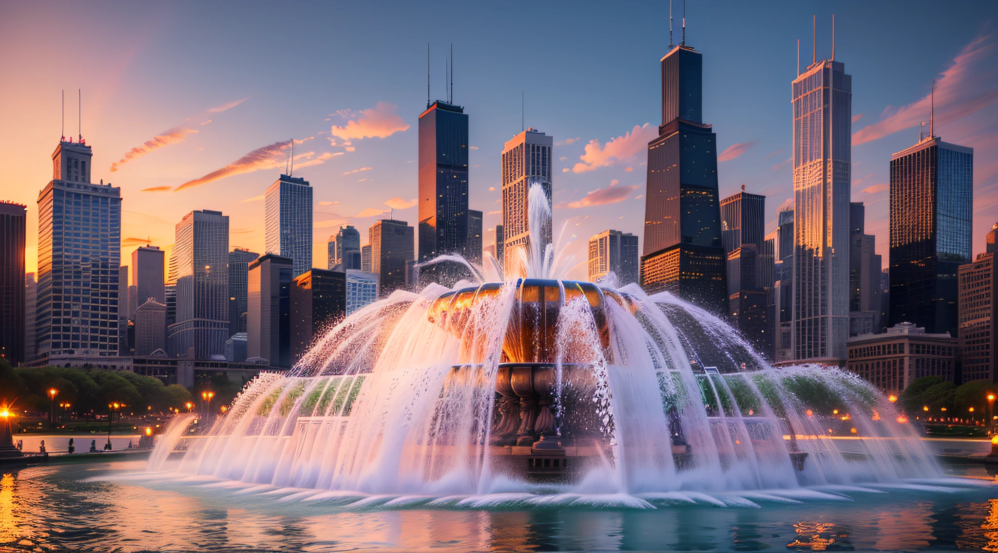 Chicago Buckingham Fountain Sunset, Chicago, IL, USA --auto --s2