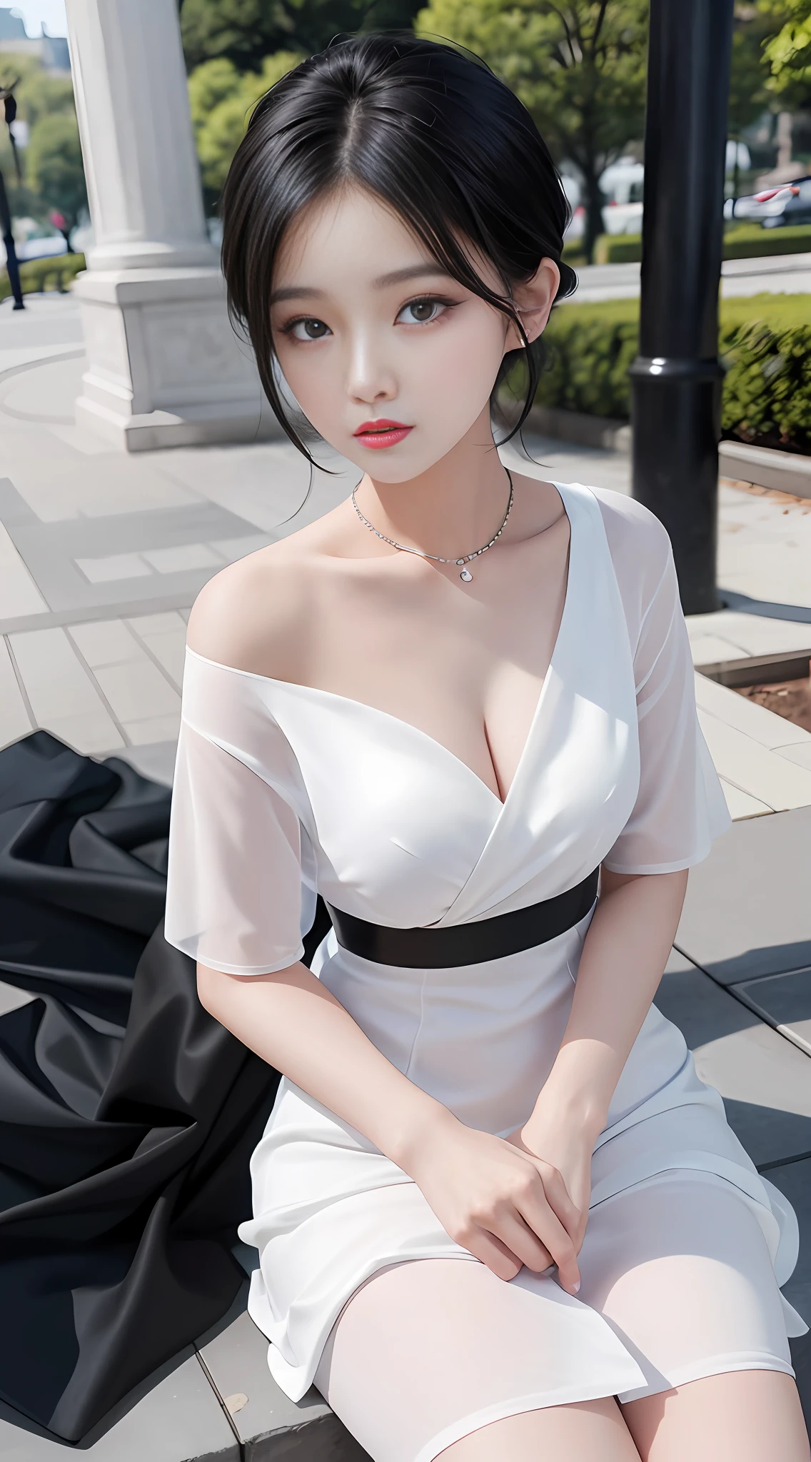 Masterpiece, best quality, 8K, close-up of a woman in a black dress, short black hair, standing in the park, gorgeous Korean young woman, beautiful Korean woman, beautiful Korean young woman, Korean girl, Korean woman, Korean female fashion model,