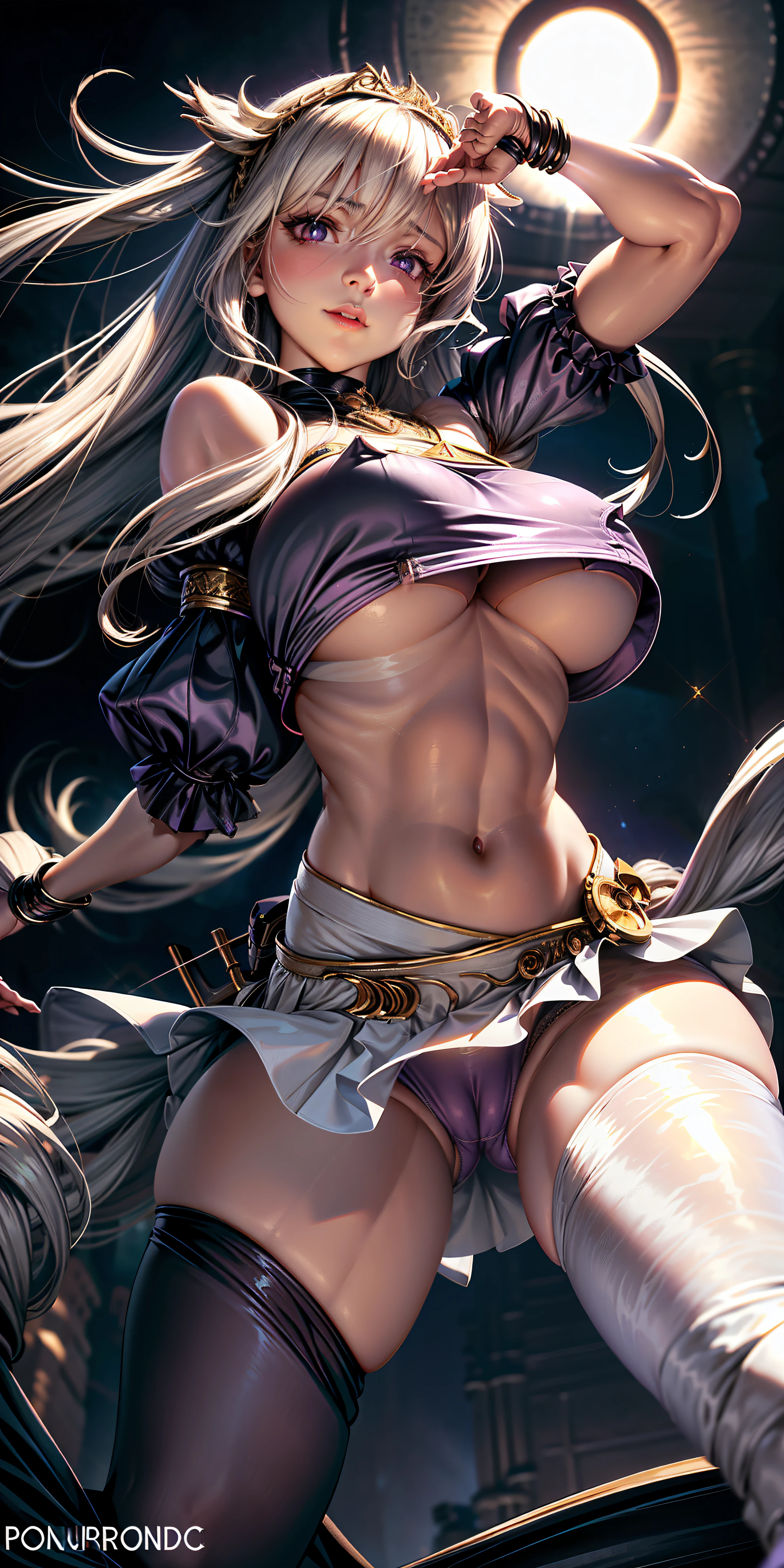 realistic, 1girl, waist long white hair, large breasts,, purple eyes, detailed iris, glowing eyes, crop top, skirt, parted lips, (flipping crop top:1.5), flipping skirt, blush, night, sun, sunlight, (underboob:1.5), while jumping, (legs apart:1.5) (cameltoe:1.4), view frm below,