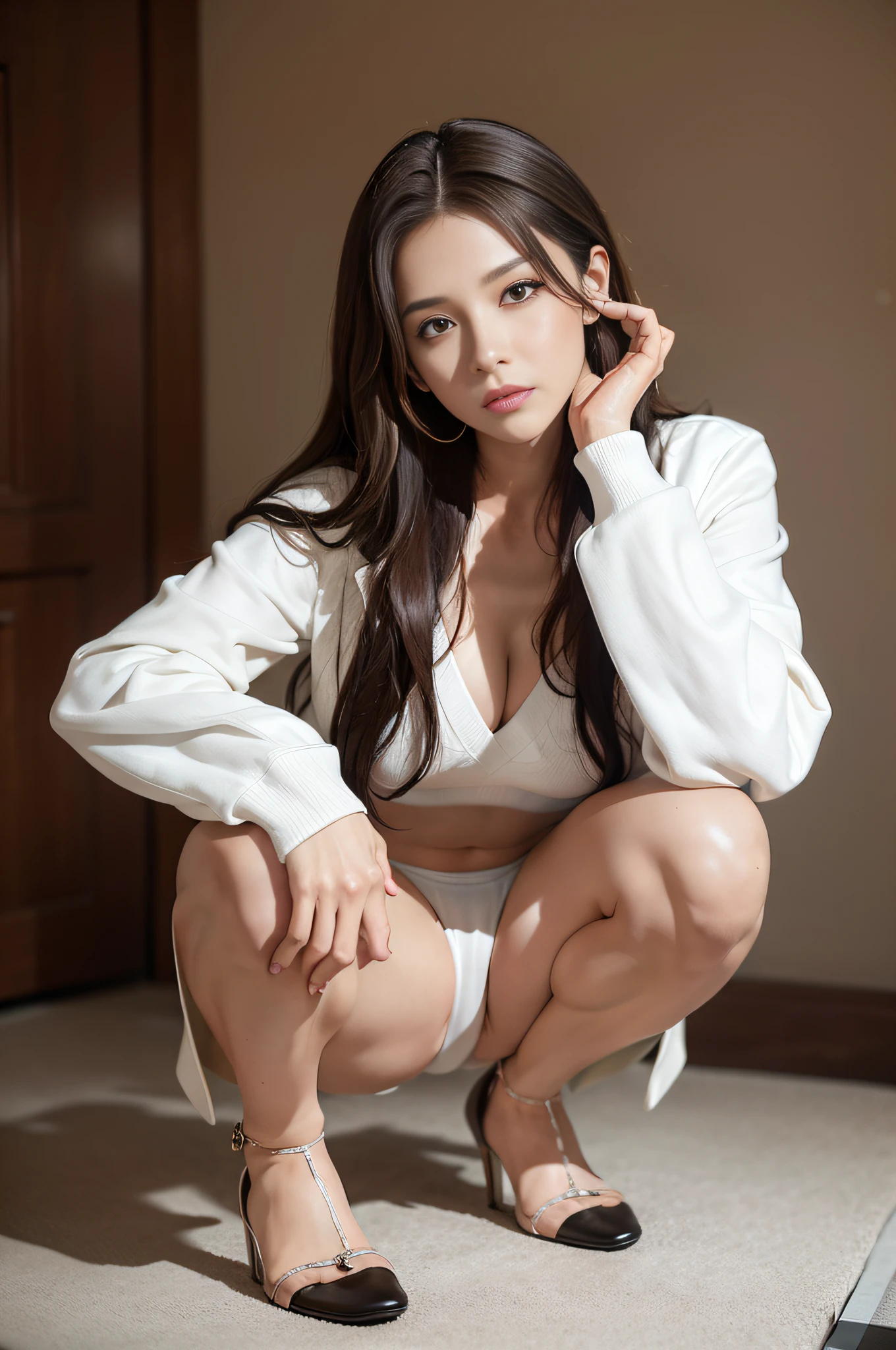 "A girl in the office is squatting facing the front, with a sexy expression, brown hair and toned abs. The legs are spread in an M shape with both hands folded behind their backs. She wears a white blazer and a white skirt. I'm wearing high heels." It emphasizes realism in every detail of the image, especially in the eyes. This official art Unreal 8k wallpaper is a very detailed, beautiful, aesthetic masterpiece and of the highest quality. The use of dynamic angles shows the elegance and romanticism of the image. This character has small breasts, see-through elegant panties, and is in the shape of a camel toe."