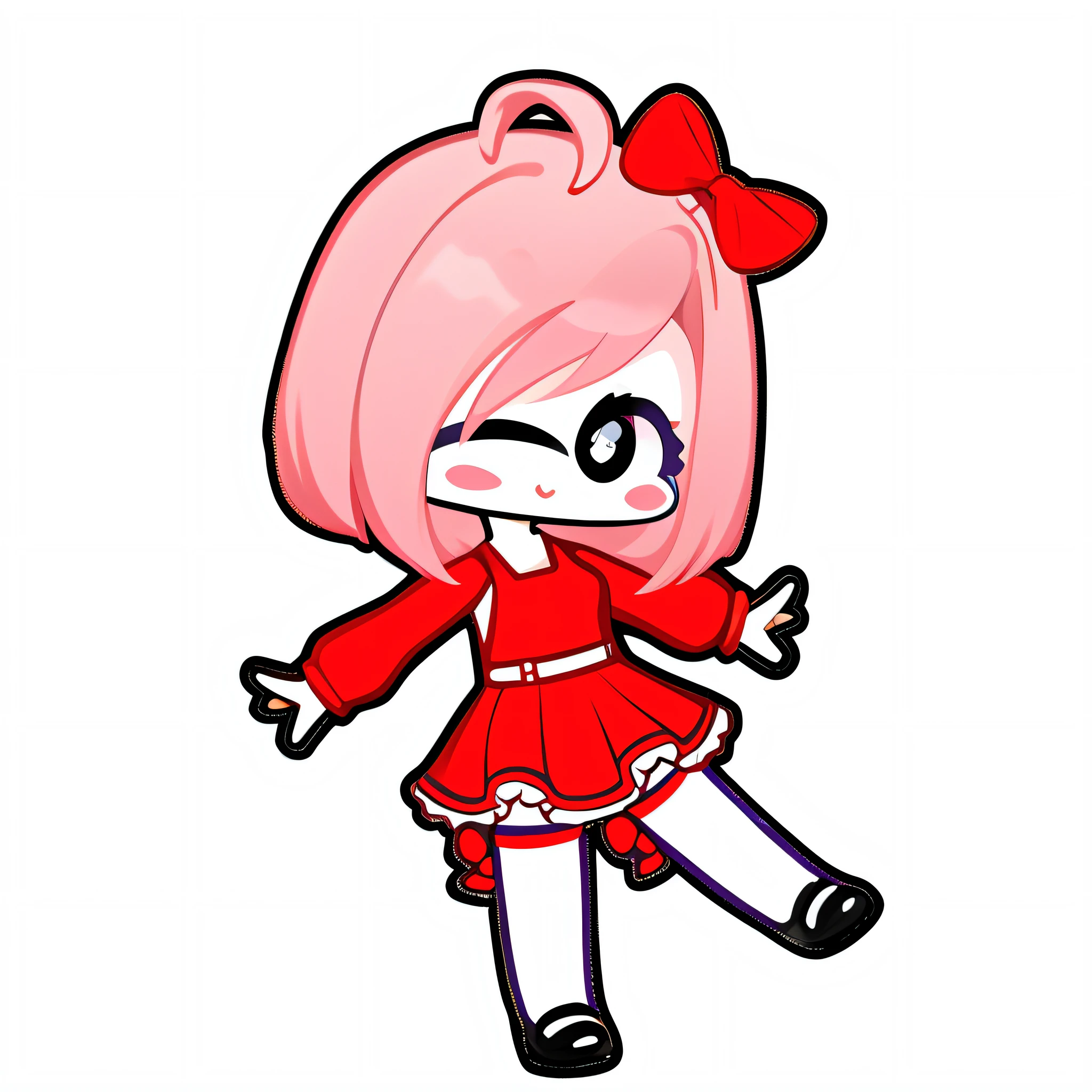 cartoon girl in red dress with pink hair and black shoes, chibi, small loli girl, loli, anime chibi, [[[[grinning evily]]]], chibi girl, gapmoe yandere, chibi style, chibi anime girl, full body adoptable, kawaii chibi, advanced digital chibi art, kawaii playful pose of a dancer