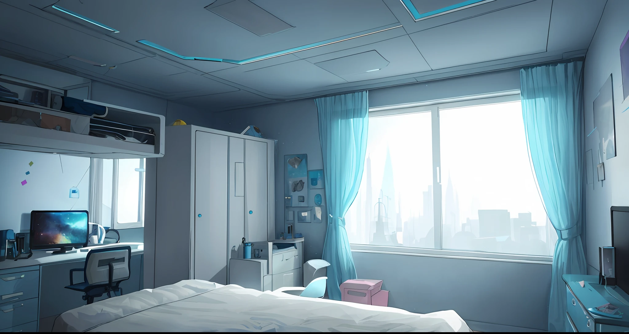 Gorgeous sci-fi matte painting for the bedroom of John Harris, Sparta and Greg Rutkowski. Sharp edges, Tiffany blue, small bedroom, teenage room, dark gray, gray-blue, white.. A sci-fi bedroom on a space base, outside the windows of the future Cyberpunk cityscape, the lighting effect. Ultra-clear detailed, 3D, octane 8K rendering