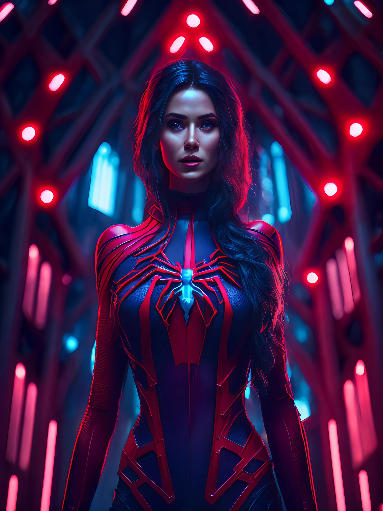 somber portrait of Sexy Woman dressed as Spider-Man from Marvel with intricate angular cybernetic implants inside a brutalist building, gothic brutalist cathedral, cyberpunk, award-winning photo, bokeh, neon lights, cybernetic limb