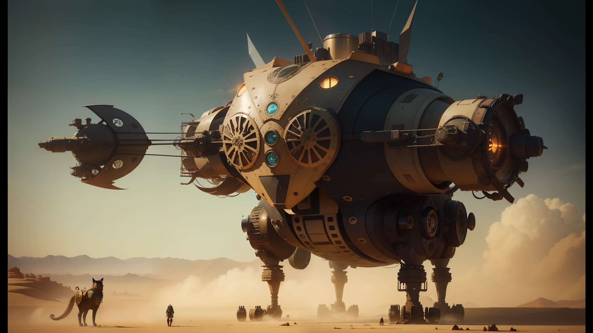 there is a large robot with a long nose and a long tail, behance contest winner, style blend of burning man, steampunk cat, from a 2 0 1 9 sci fi 8 k movie, inspired by Igor Kieryluk, steampunk butterfly, featured on artstattion, cool desert, striking artstyle --auto --s2